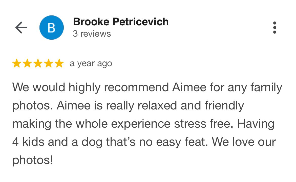 A screenshot shows a positive 5-star review praising a service for family photos with 4 kids and a dog.