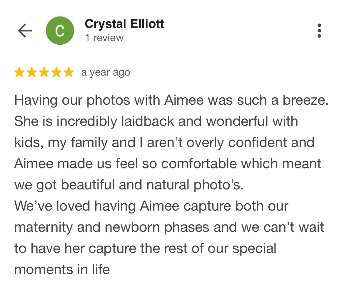 A 5-star customer review praising a photographer named Aimee for maternity and newborn photography sessions.