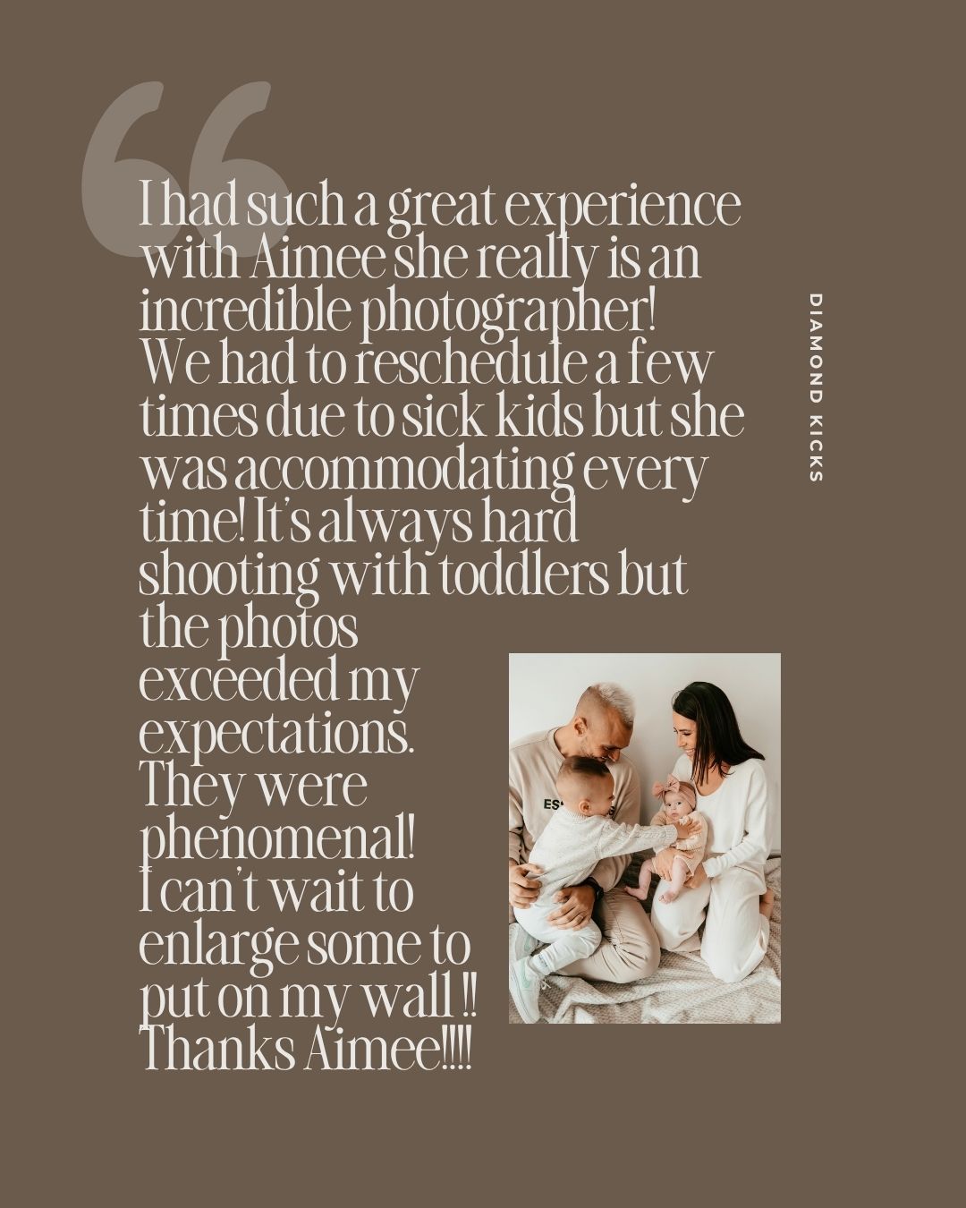 A testimonial graphic featuring a family photo with a mother and children, praising photographer Aimee's work.