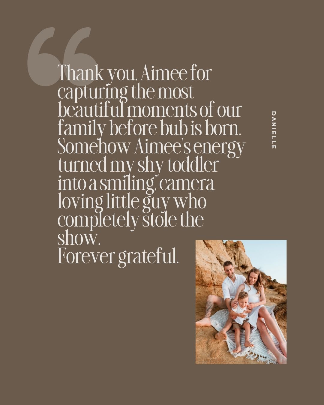 A glowing pregnant woman sits with her family on rocky terrain, accompanied by a heartfelt client testimonial quote.