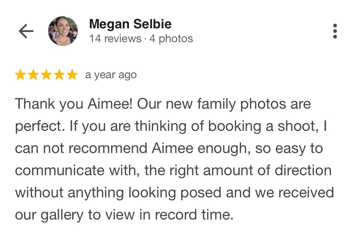 A screenshot of a positive 5-star review praising photographer Aimee for family photos and easy communication.