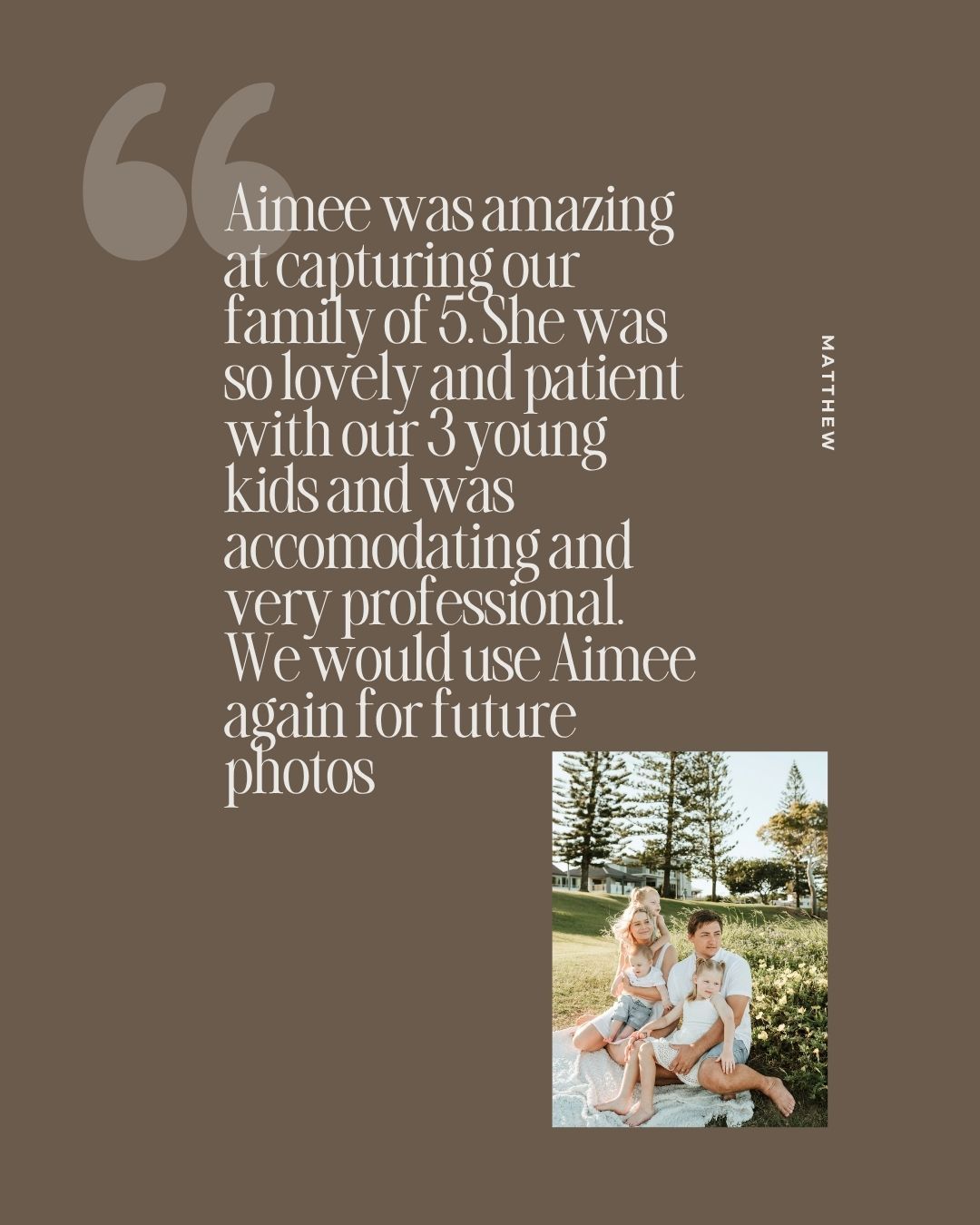 Family of five portrait session testimonial card featuring a smiling mother with three young children outdoors near palm trees.