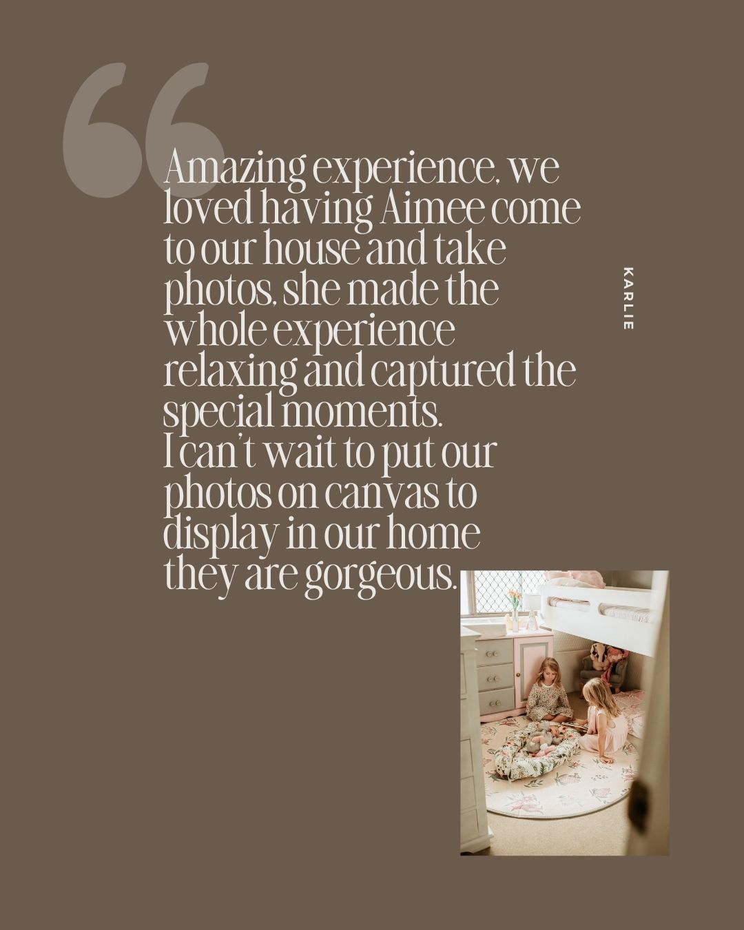 A heartfelt customer testimonial card featuring a family photo of children playing, praising an in-home photography experience.