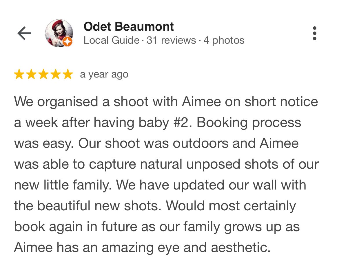 A 5-star review screenshot showing feedback for a photographer with positive comments about a family photo session.