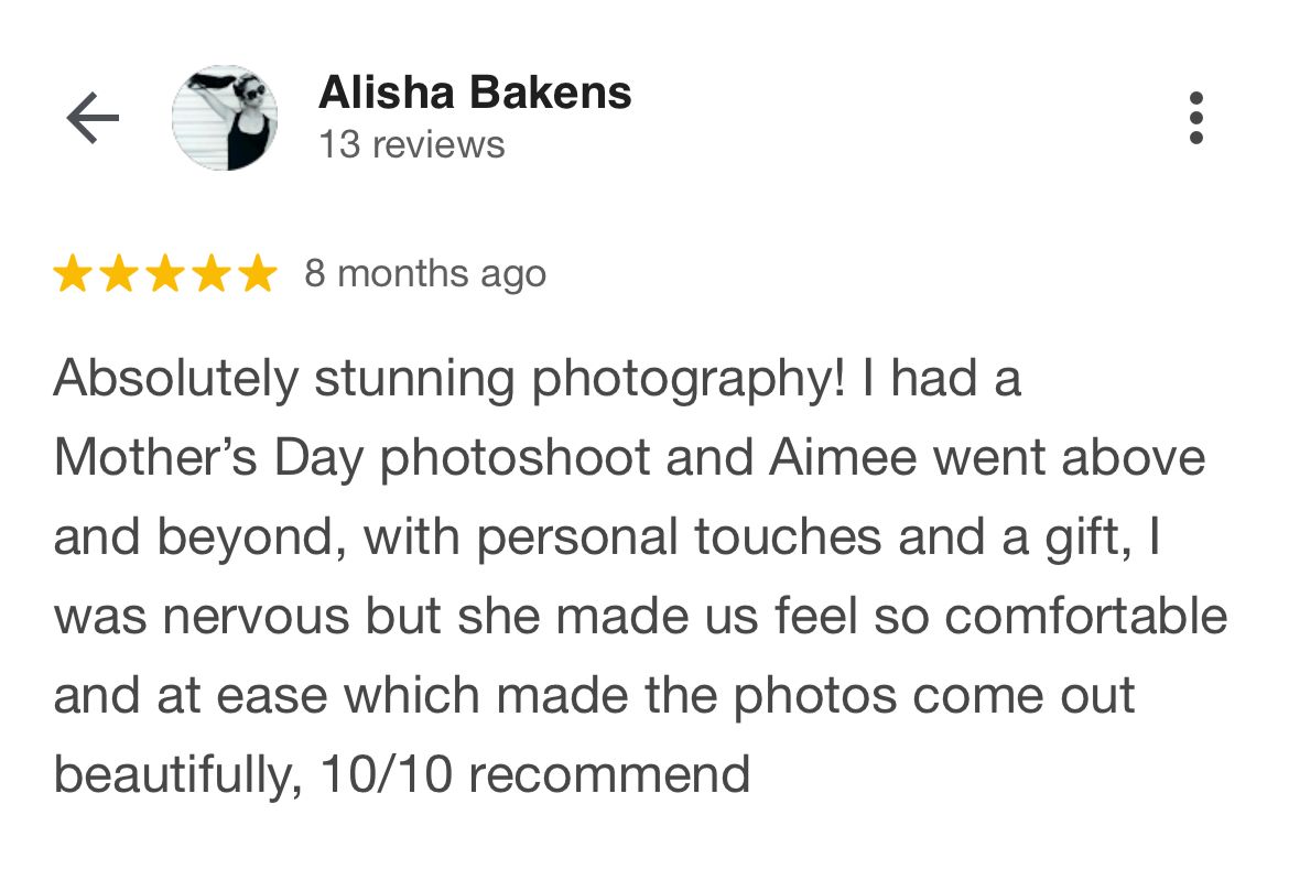 A 5-star review screenshot praising photography services with positive comments about comfort and quality.