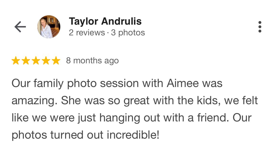 A 5-star review screenshot showing positive feedback about a family photo session with photographer Aimee.
