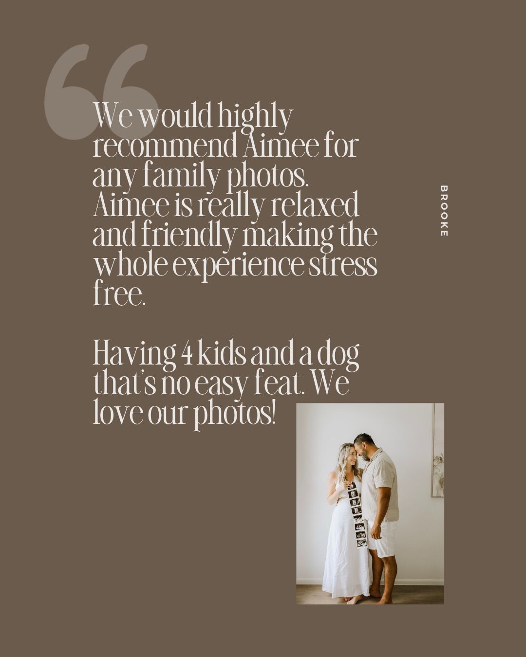 Customer review praising Aimee's relaxed family photography skills, featuring a couple in white embracing with a child.
