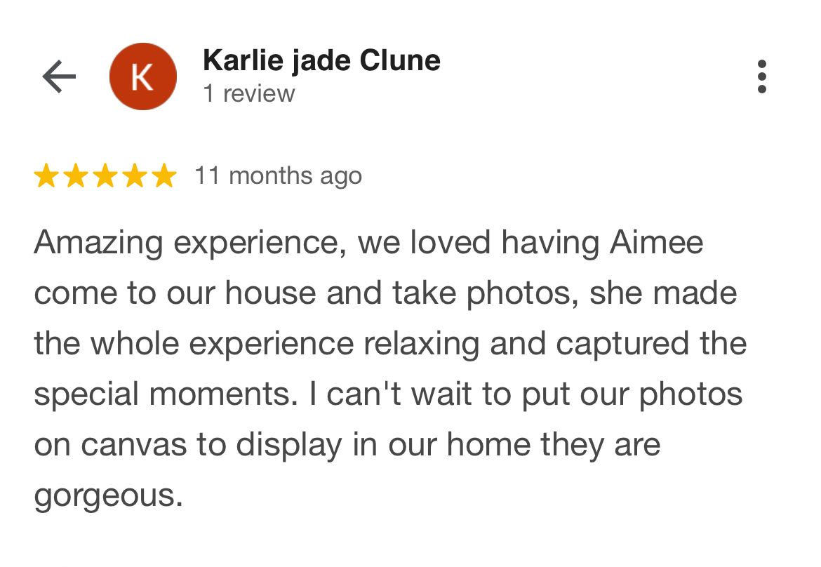 A glowing customer testimonial describing an at-home photo session experience with positive feedback about the results.