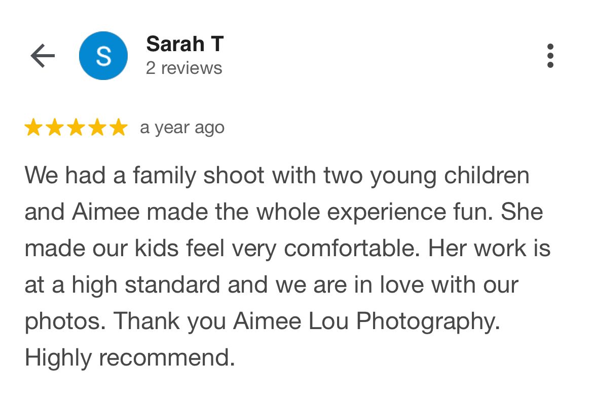 A screenshot of a five star review praising a photographer's work with children and families.