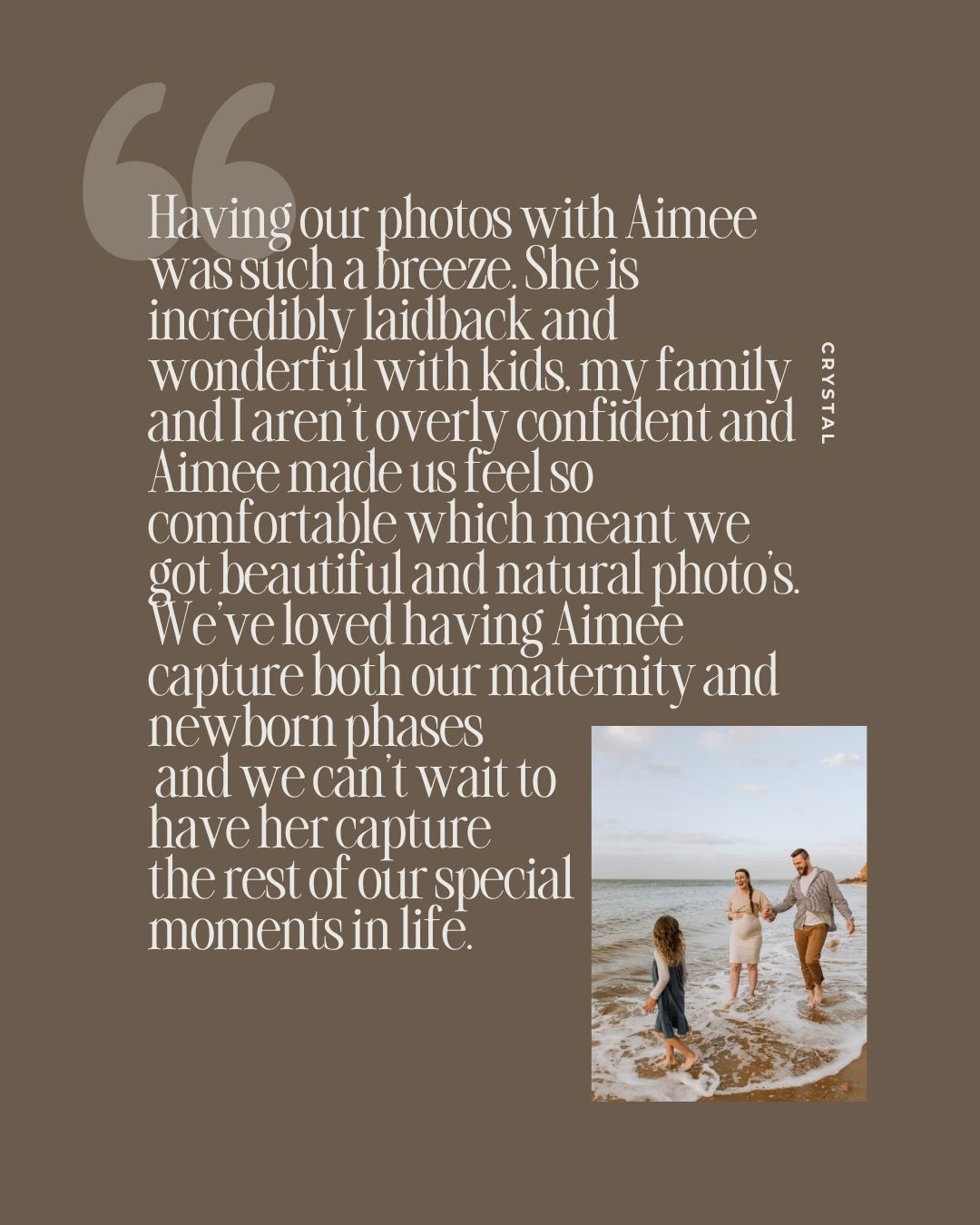 Family photo session on beach with photographer Aimee, featuring parents and child playing in waves with glowing testimonial.