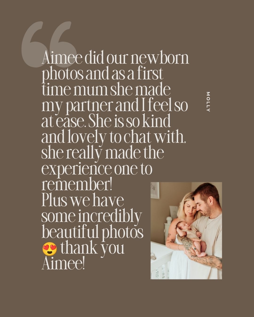 Five-star newborn photography testimonial from Molly praising photographer Aimee for beautiful photos and a memorable experience.