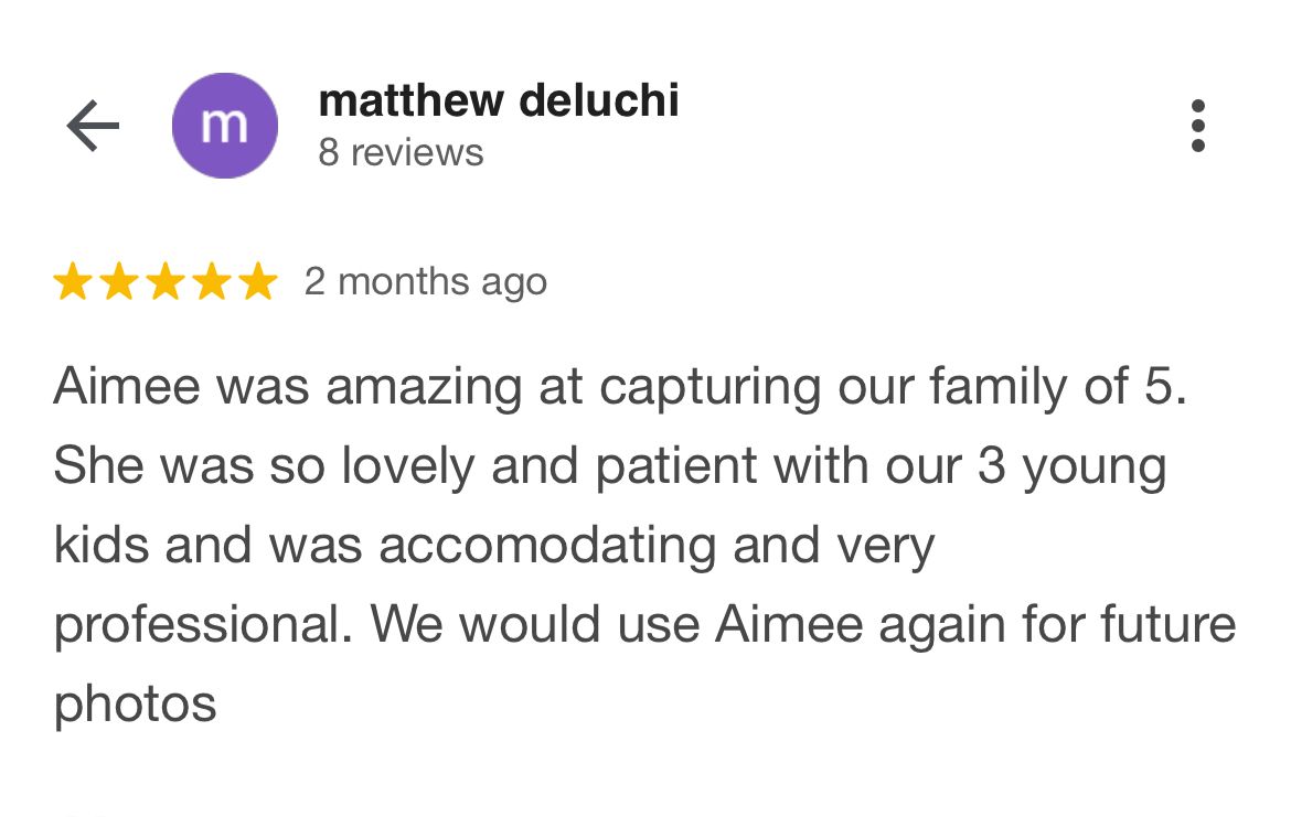 A 5-star Google review praising a photographer's patience and professionalism with a family photo session.