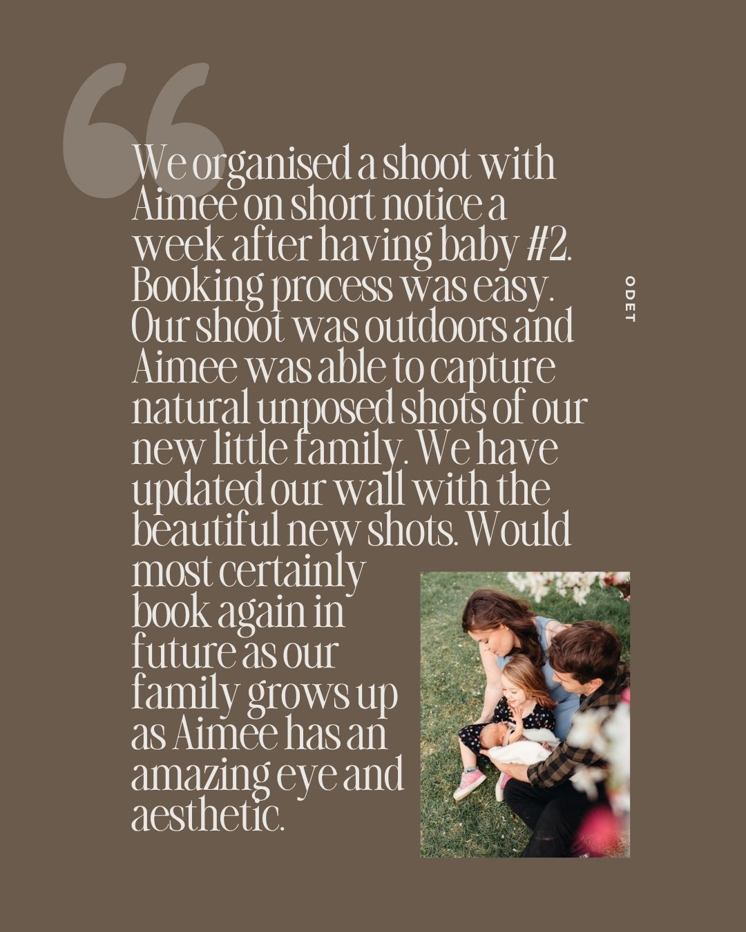 A heartwarming family photo shoot testimonial card featuring a mother holding a newborn with a young child beside her outdoors.