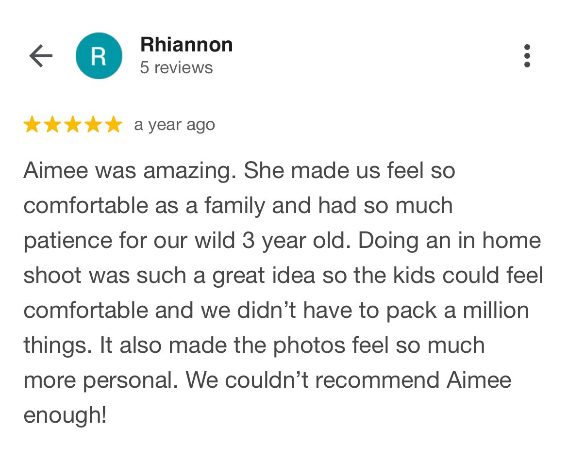 A 5-star review screenshot praising an in-home photography session with positive feedback about comfort and personal touches.