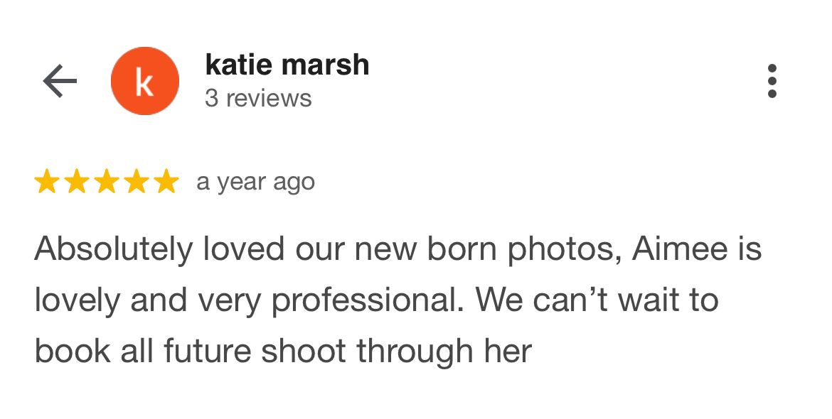A 5-star review praising newborn photography services and expressing enthusiasm for future photo sessions.