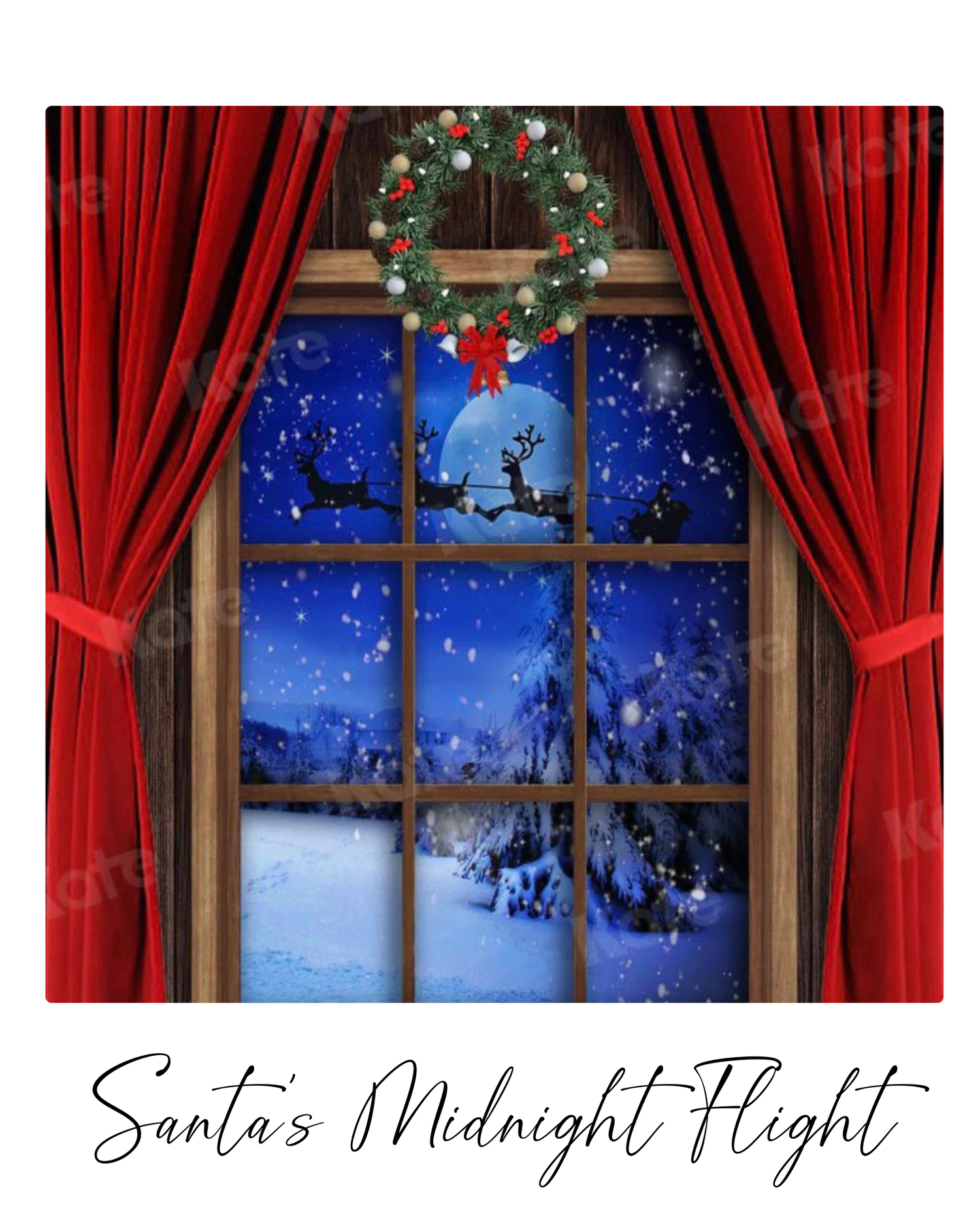 A series of four progressive images showing Santa's sleigh flying across a snowy winter night sky through a window.