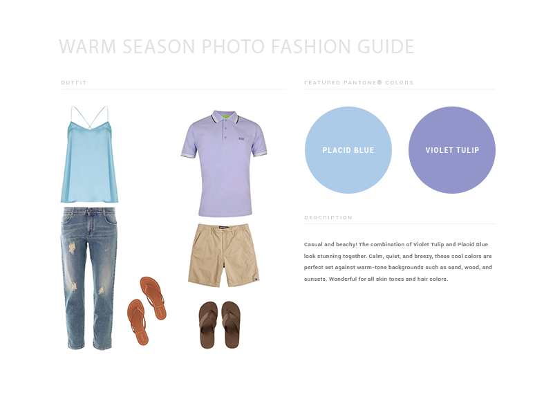 Summer fashion guide showing light blue and purple casual wear with sandals.