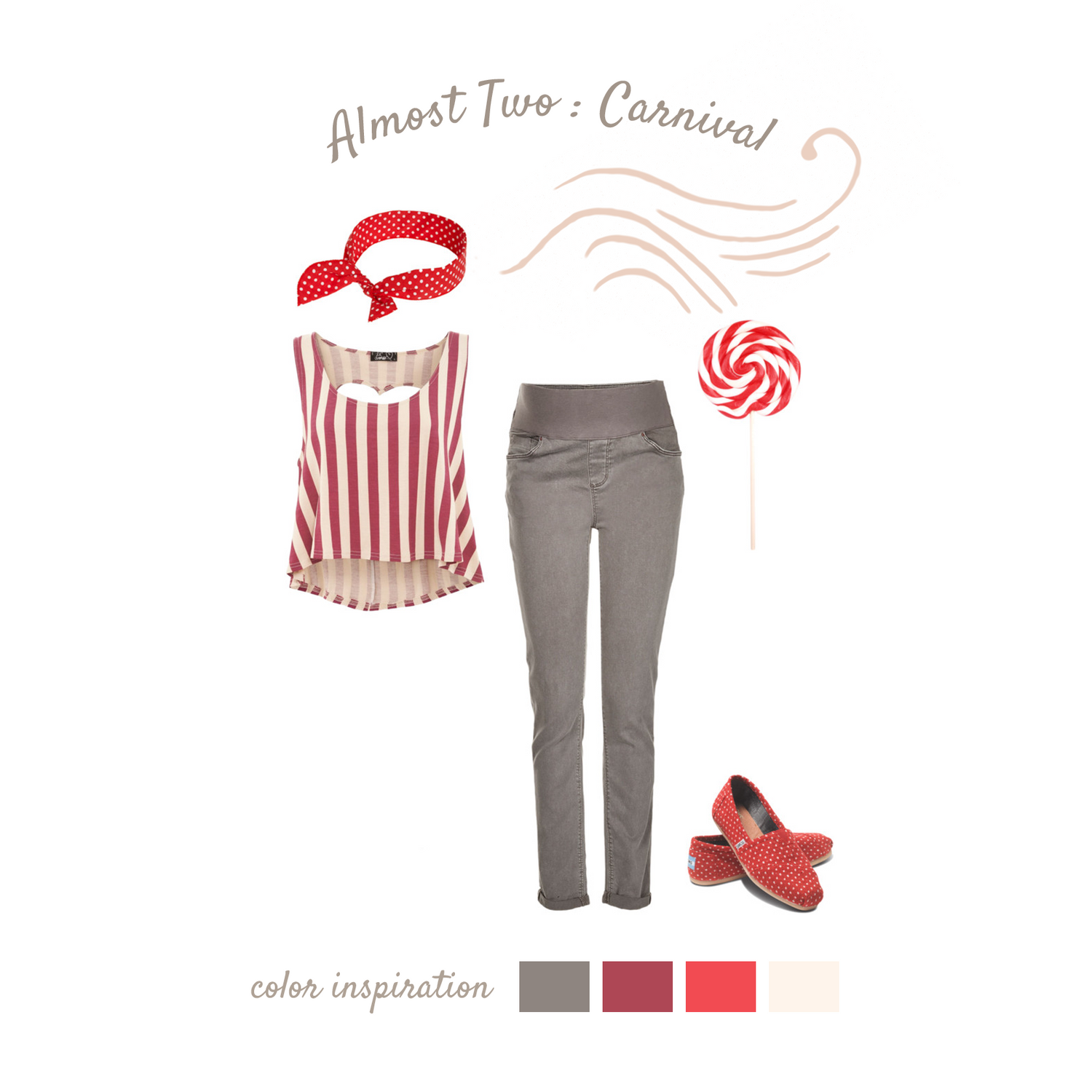 Casual retro-inspired outfit with red striped tank top, gray pants, red shoes, and matching accessories.