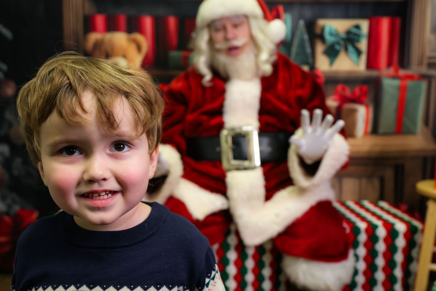 A series of holiday photos showing festive decorations, Santa Claus, and joyful winter moments with red and white colors.