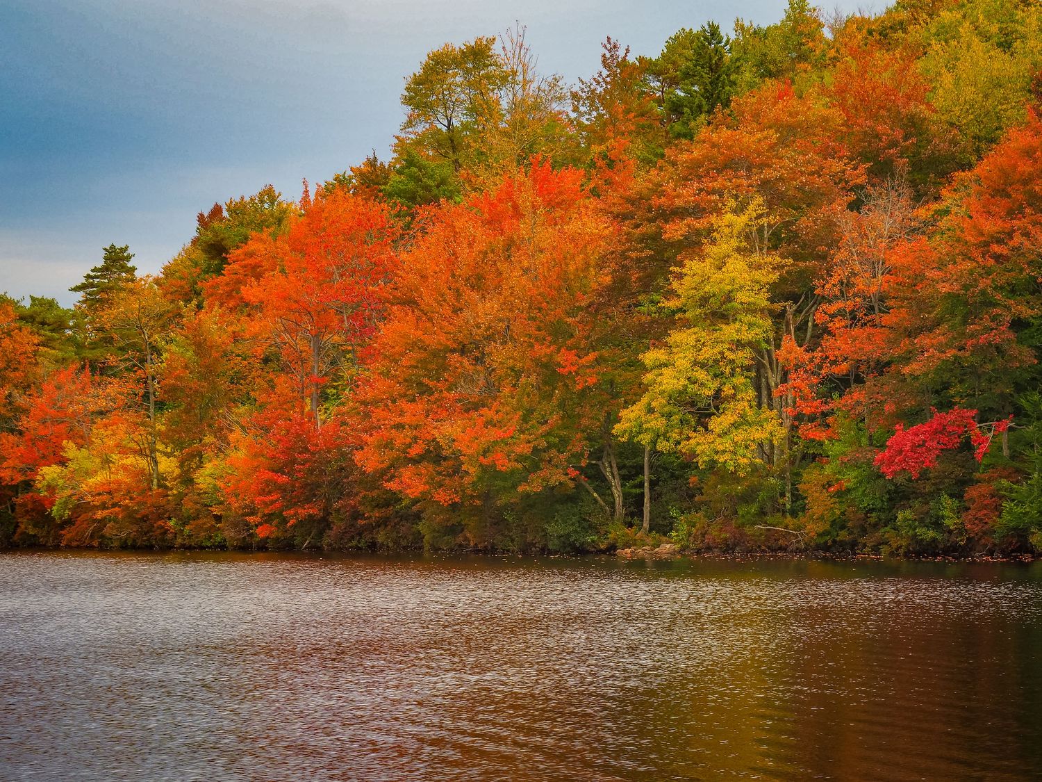 Scenic fall reflection on calm lake waters with brilliant orange and red trees lining the peaceful shoreline.
