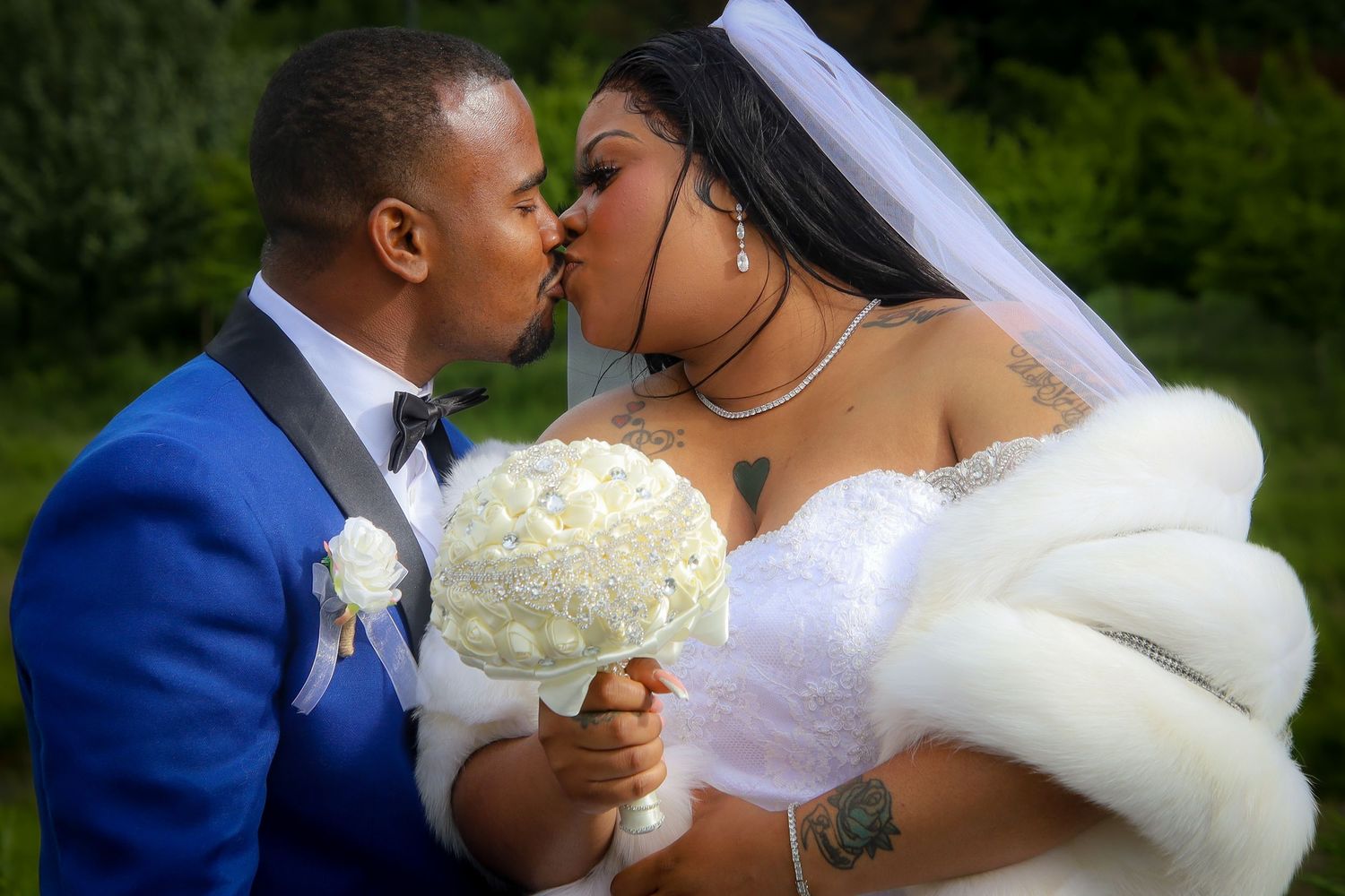 A romantic wedding photoshoot sequence showing tender moments between a couple in formal attire outdoors.