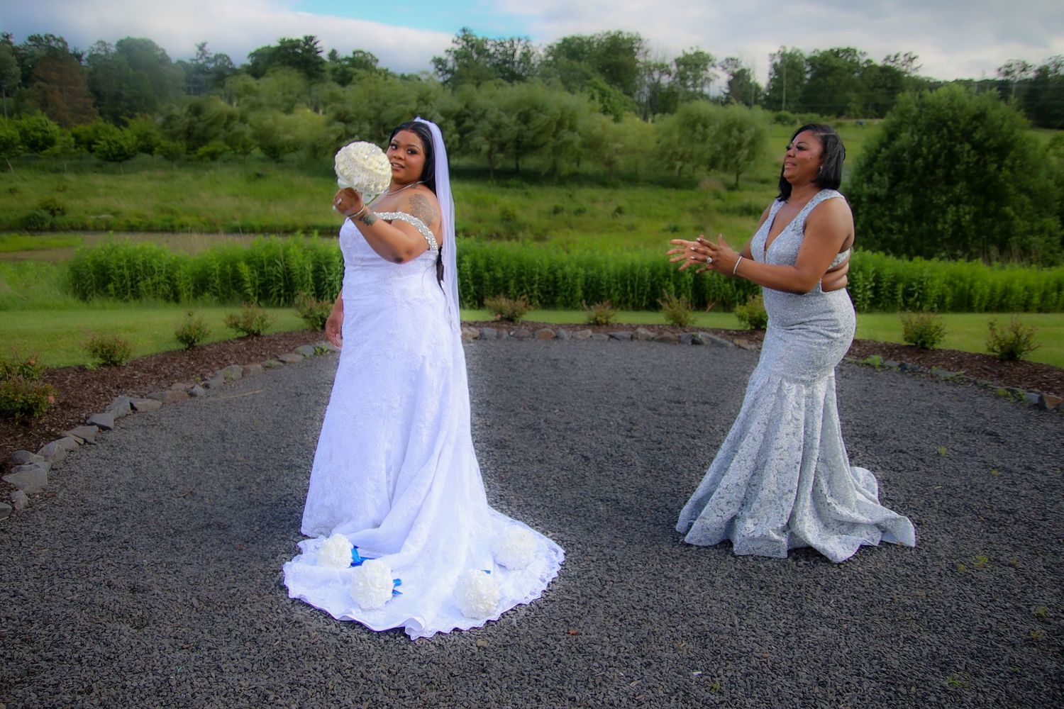 A series of photos showing someone in a white wedding dress posing outdoors in a natural setting with trees and grass.