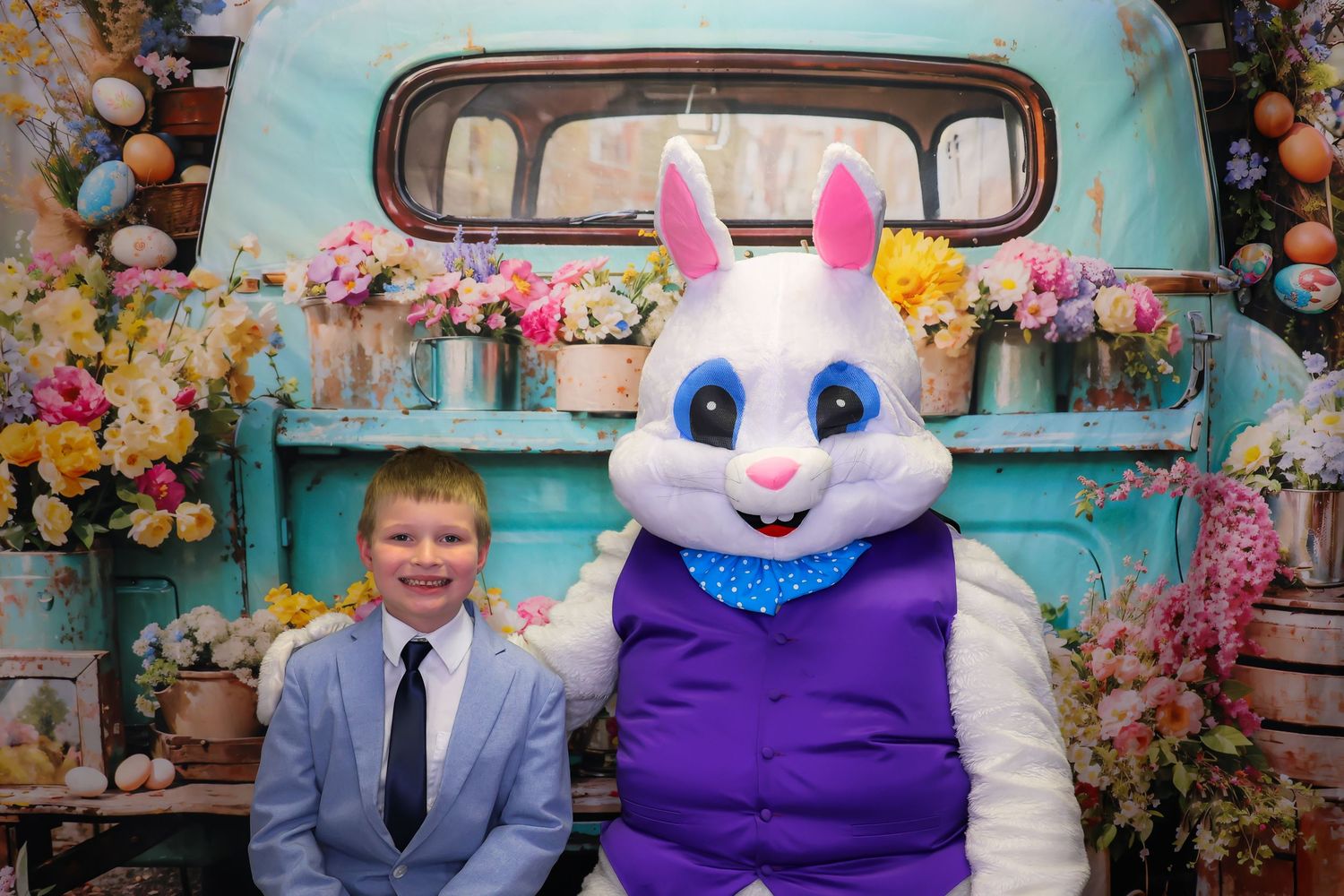 A collection of photos showing a vintage turquoise truck decorated with flowers and an Easter bunny character posing with guests.
