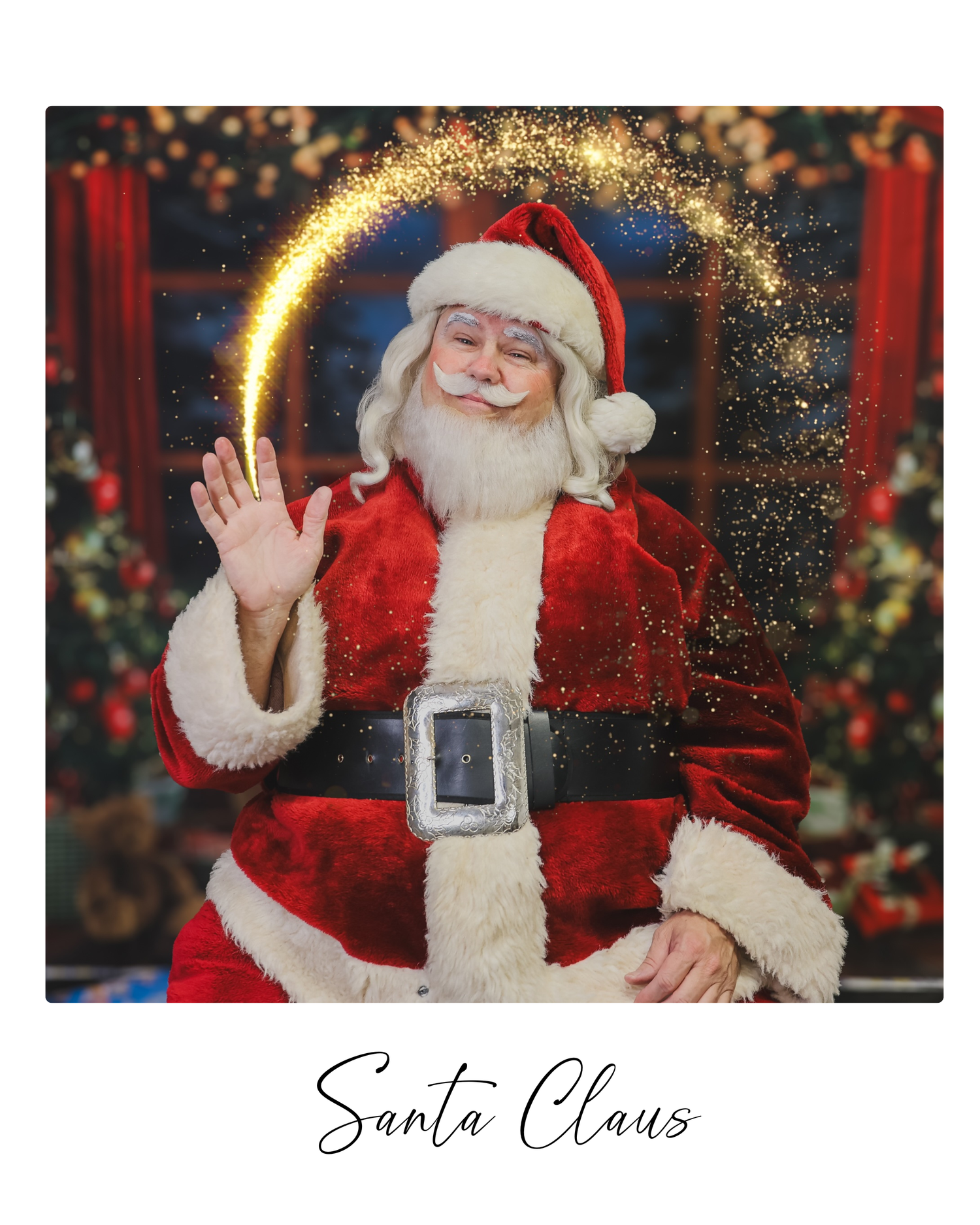 Santa Claus in traditional red suit waves joyfully with magical sparkles and Christmas decorations in background.