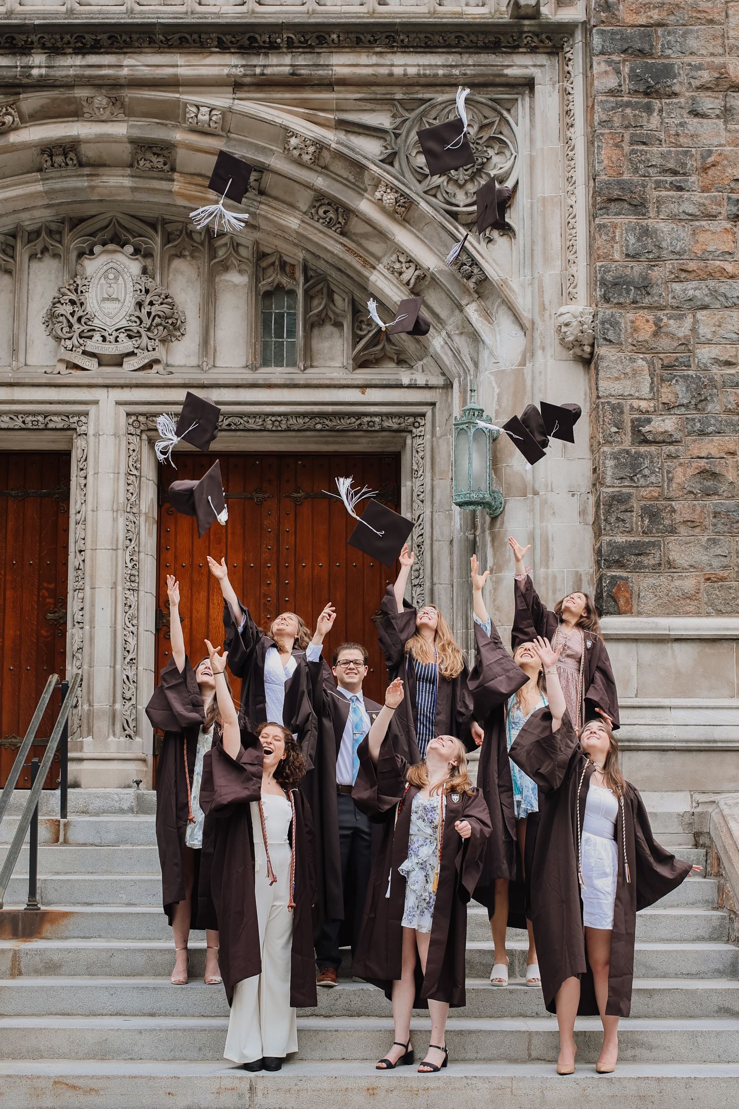 A series of candid moments captured on stone church steps as guests gather outside ornate wooden doors.