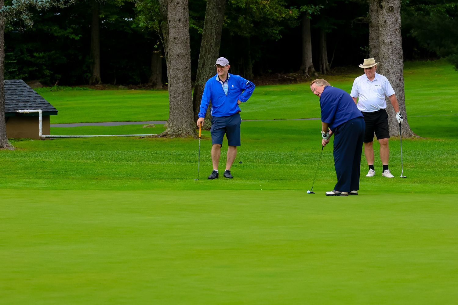 Golfers practicing their putting skills on a lush green course during a sunny day.
