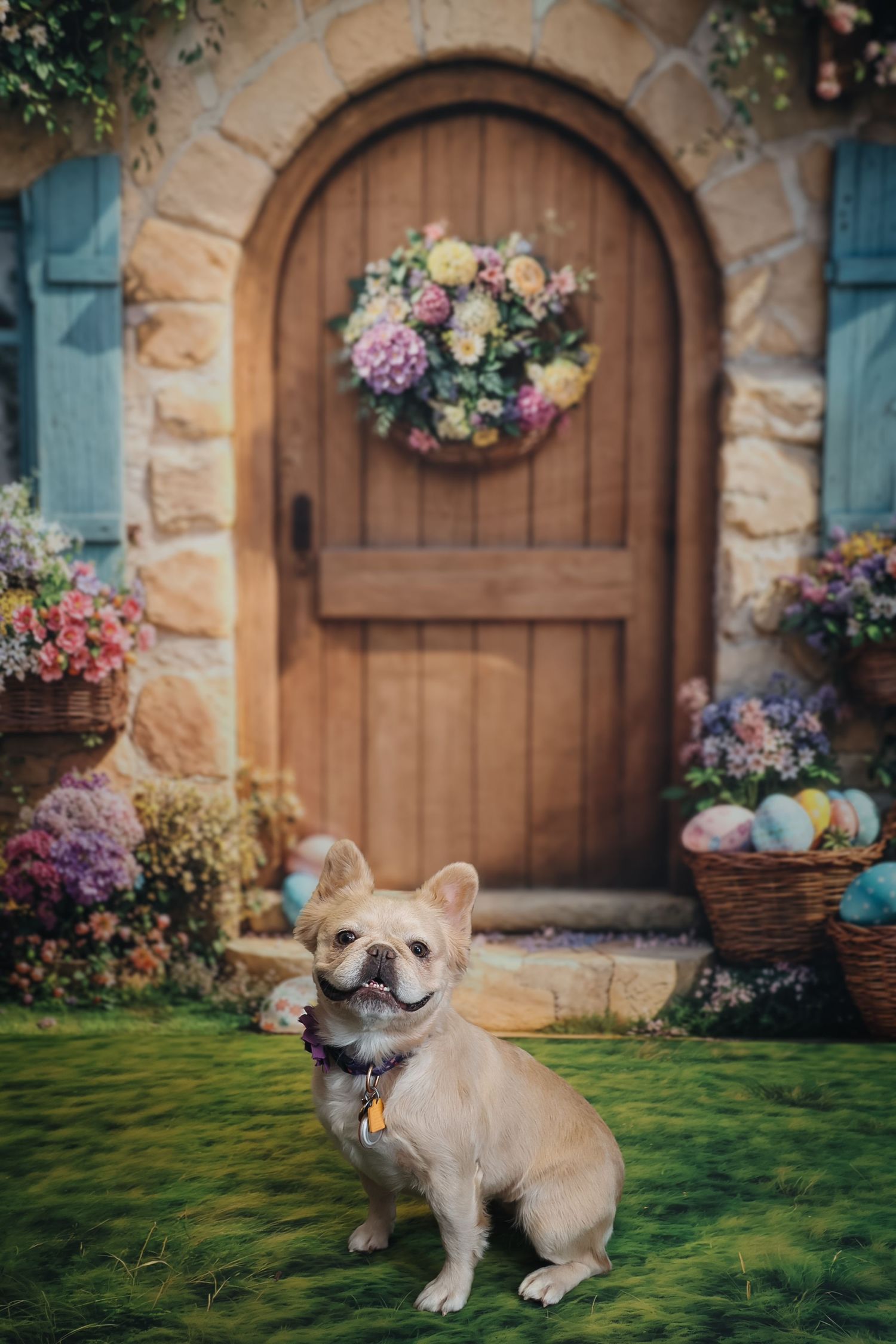 A cream French Bulldog sits on green grass before a rustic stone cottage door adorned with a colorful spring floral wreath.