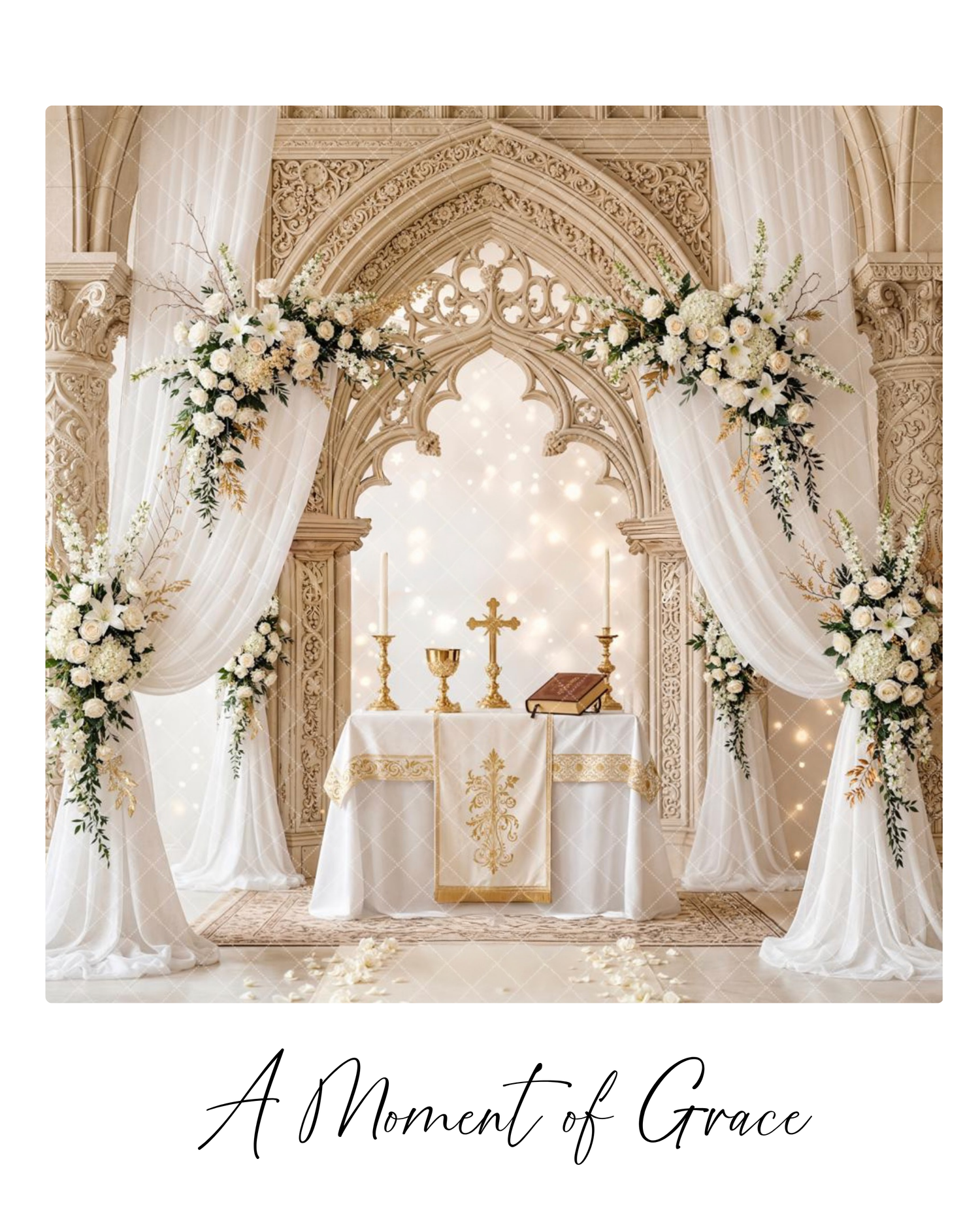 Elegant First Communion altar with white floral arch, gold cross, candles, and draped fabric, captioned A Moment of Grace.