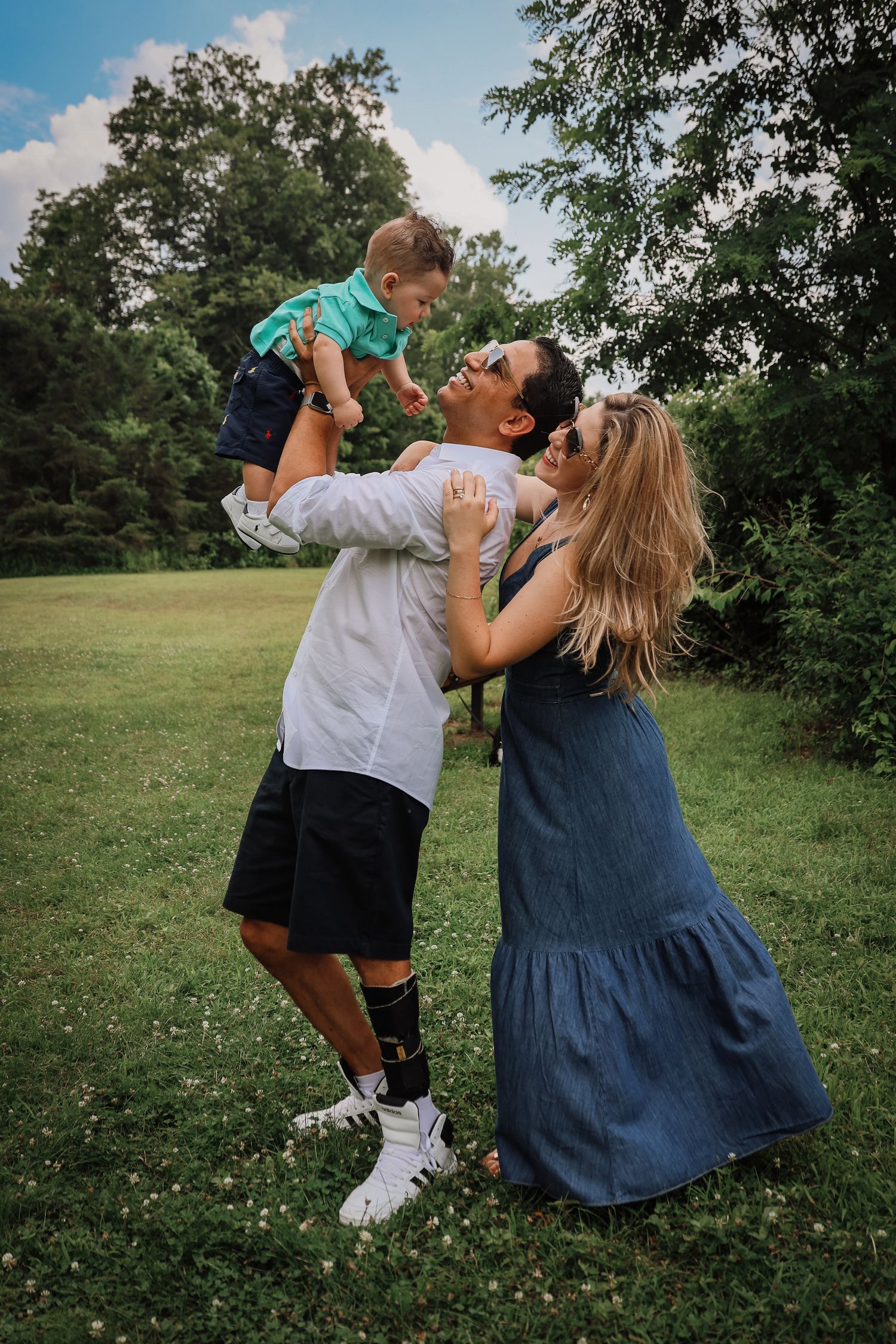 Playful outdoor photo sequence showing joyful interactions in a grassy field on a sunny day.