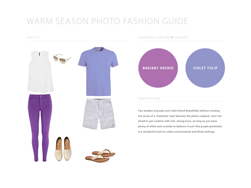 Fashion guide featuring purple pants, white dress, and lavender polo shirt with casual accessories.
