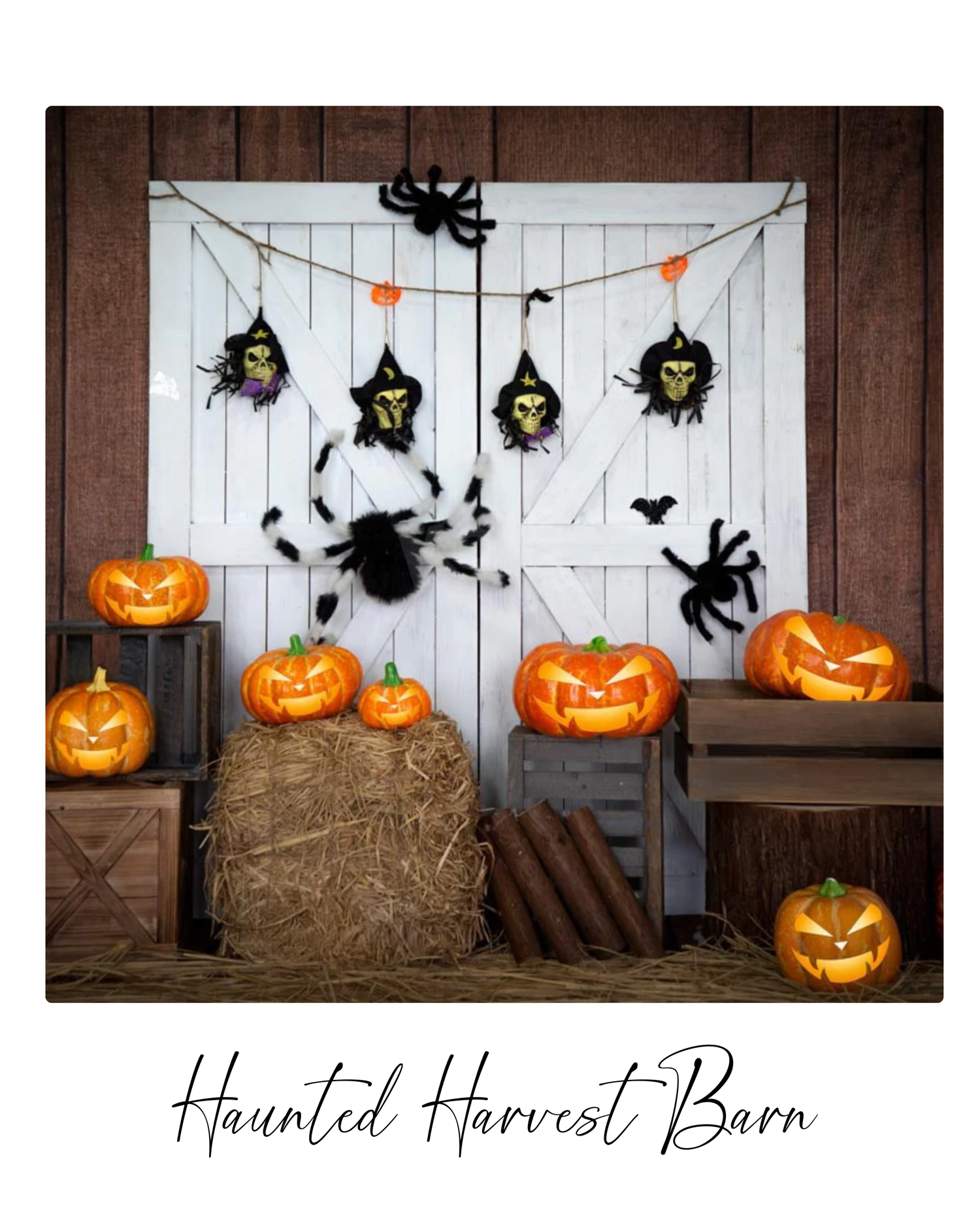 Halloween decorations with glowing jack-o'-lanterns and spooky bats adorn a rustic barn setting at dusk.