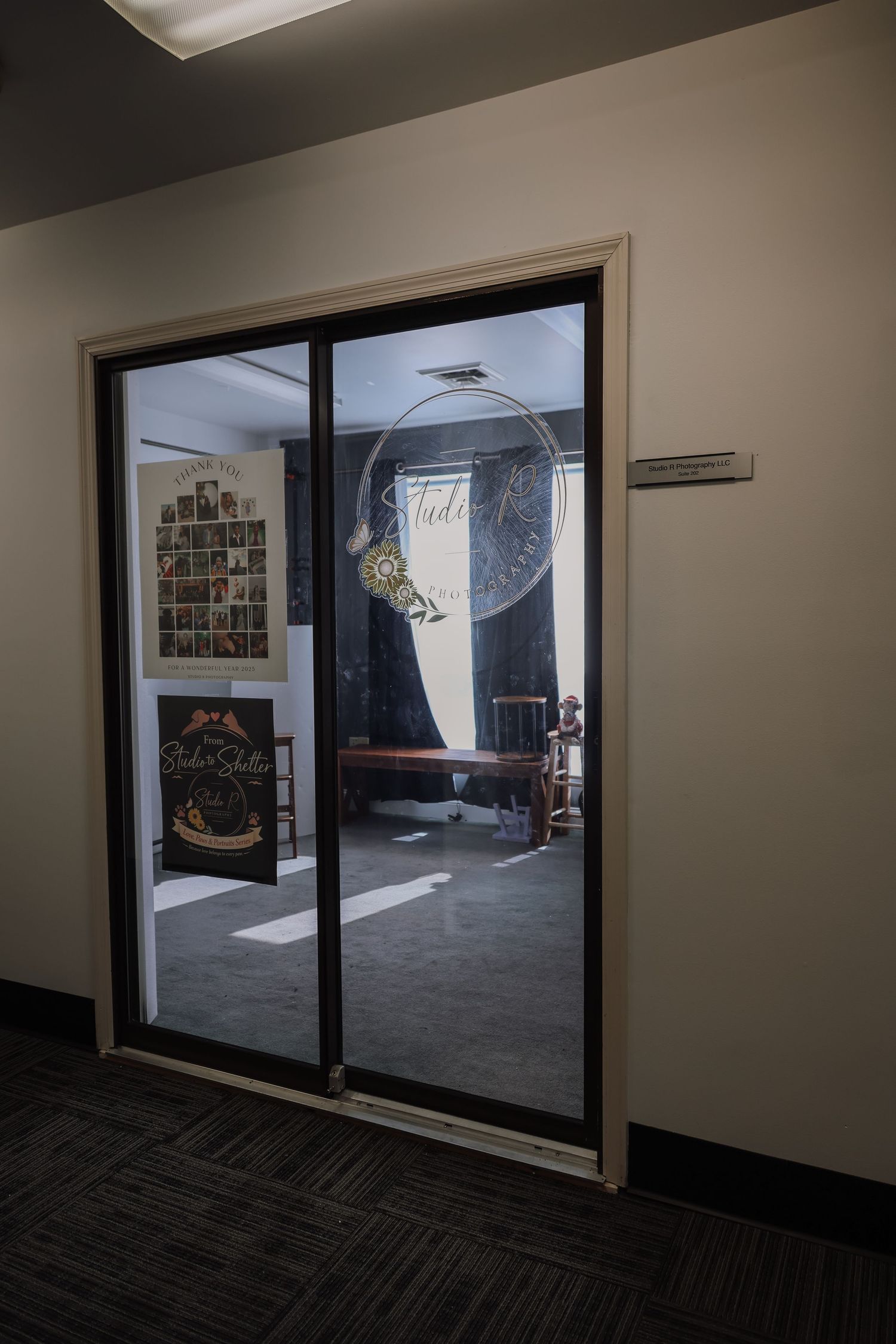 Interior office space with glass walls showing a dark carpeted room and modern lighting fixtures.