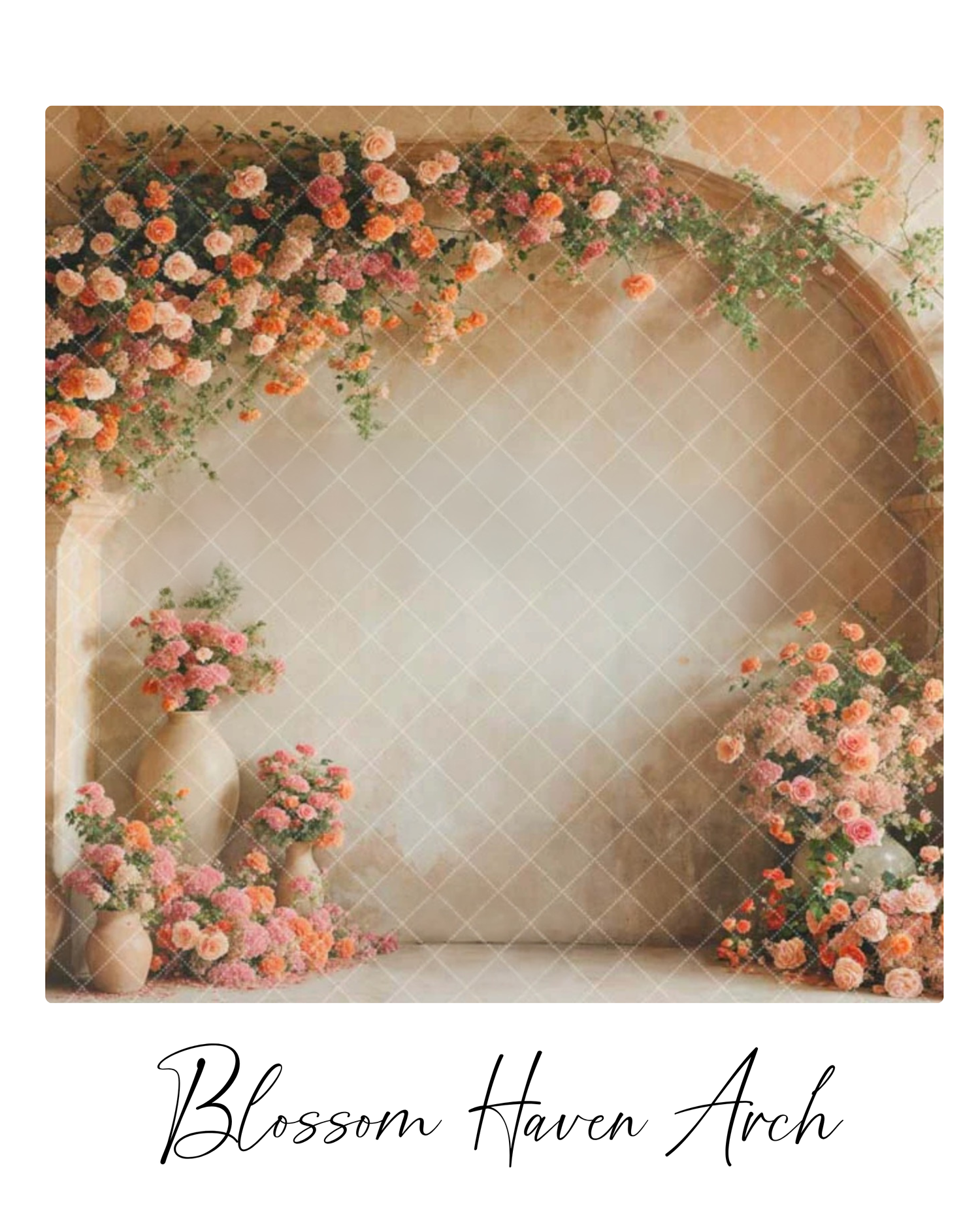 Blossom Haven Arch backdrop featuring peach and pink roses framing an elegant arched wall with diamond tile pattern.