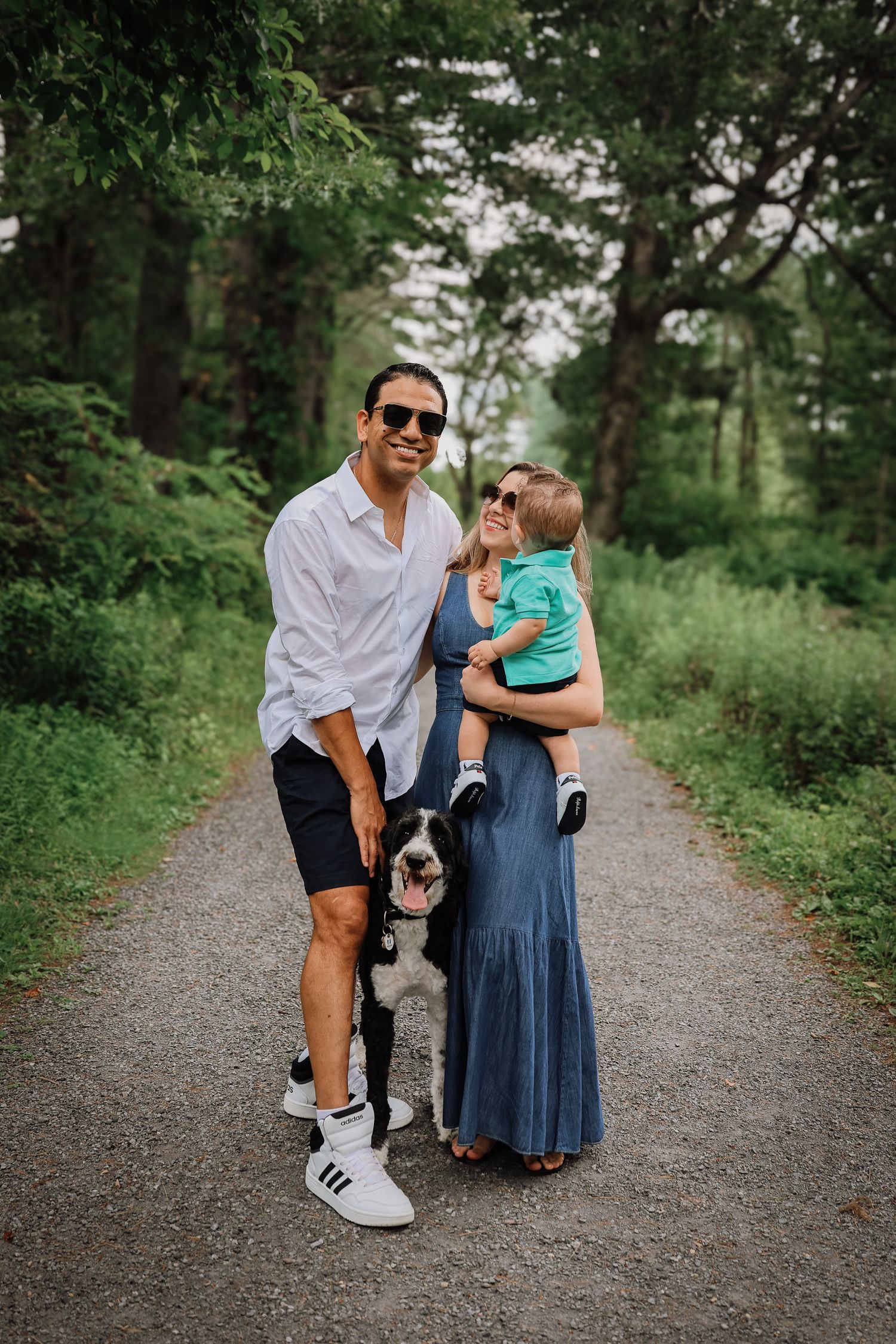 A family and their dog enjoy a peaceful walk together on a tree-lined gravel path in a lush green forest setting.
