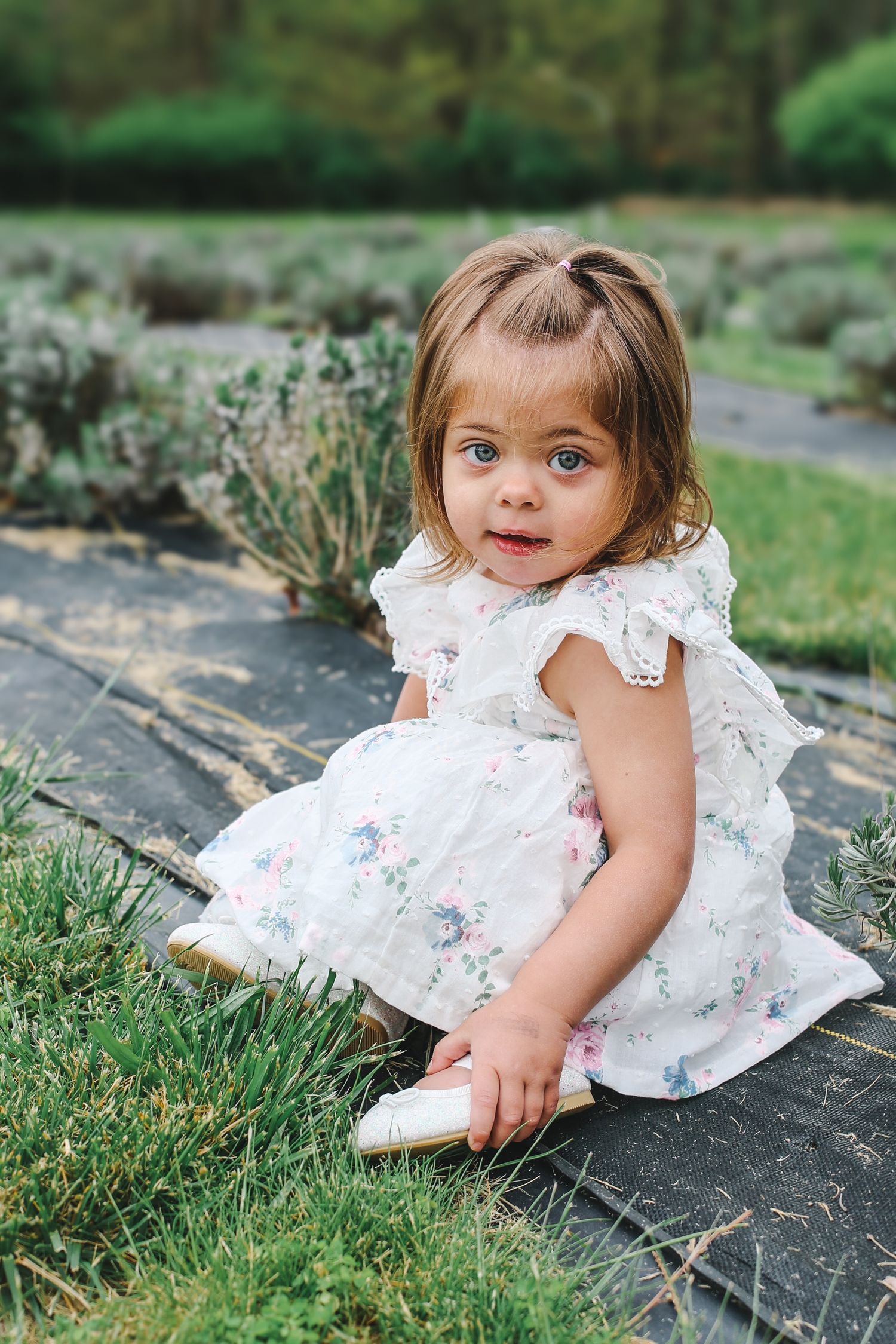 Small child in white floral dress with lace trim sits on garden path surrounded by greenery.