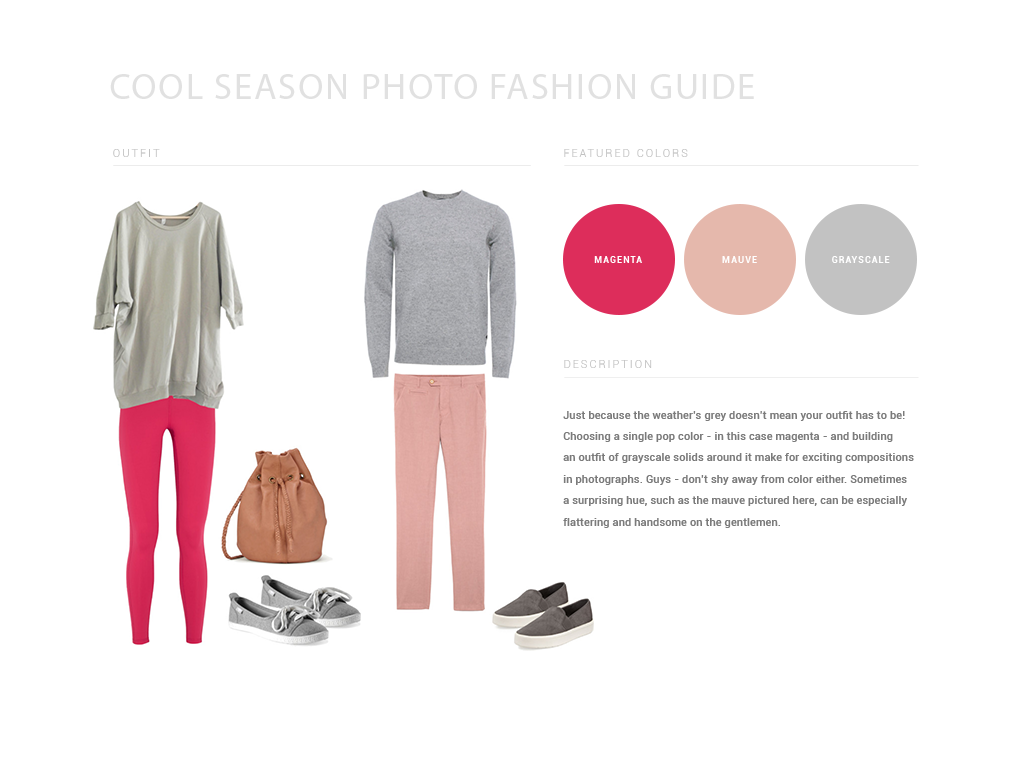 Modern casual outfits with bright red pants and gray tops alongside pink and neutral color swatches.