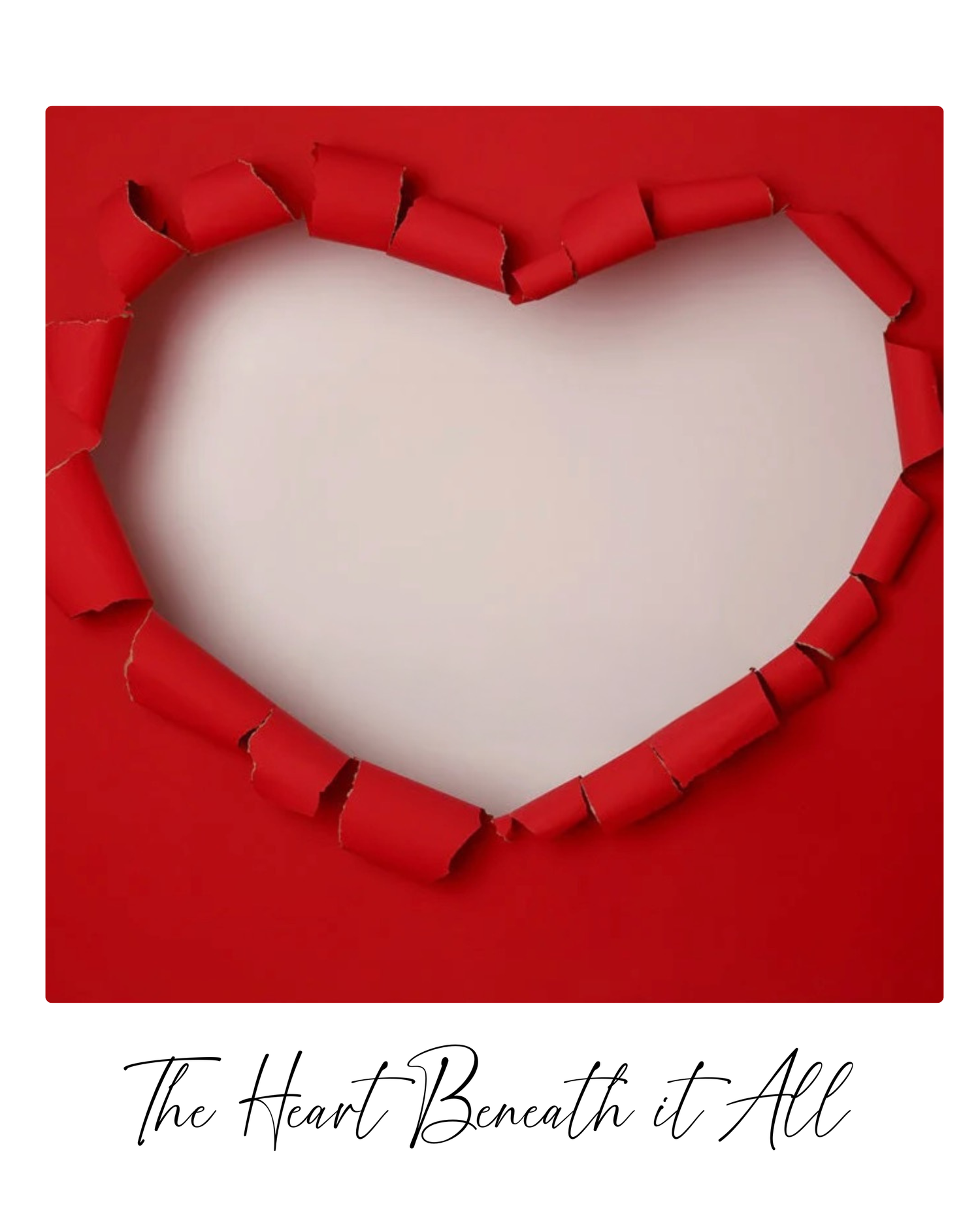 Red paper hearts arranged in a sequence showing progressive formation of a heart shape against white background.