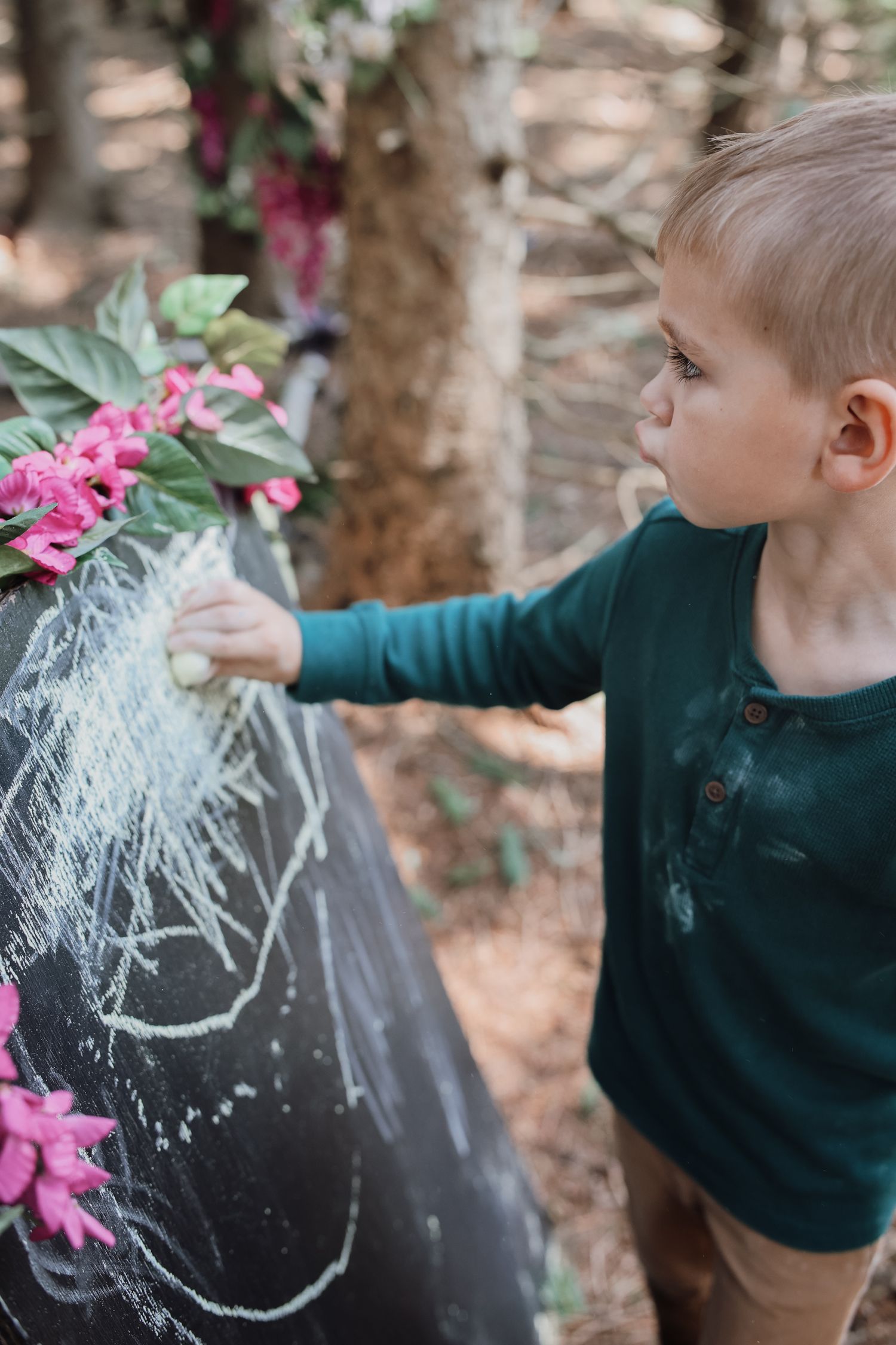 A sequence of photos shows a young child in a dark sweater drawing with chalk on a tree trunk near pink flowers.