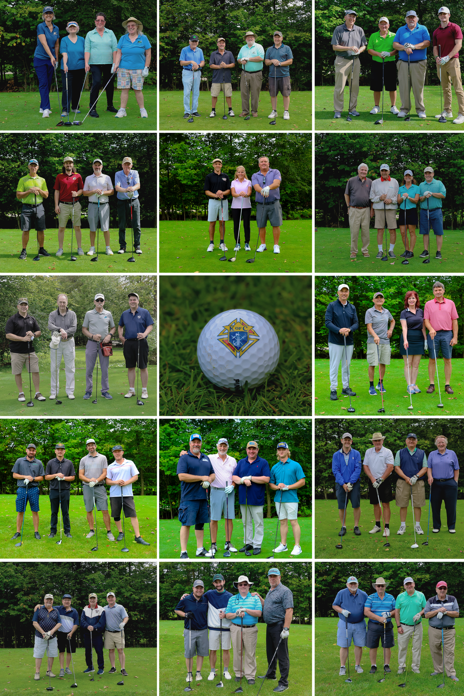 Groups of golfers pose together on a lush green golf course across multiple photos during what appears to be a tournament.
