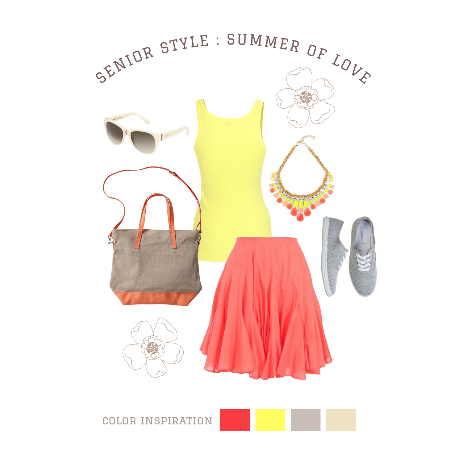 Casual summer outfit with yellow tank, coral skirt, gray sneakers, and beige tote bag with accessories.