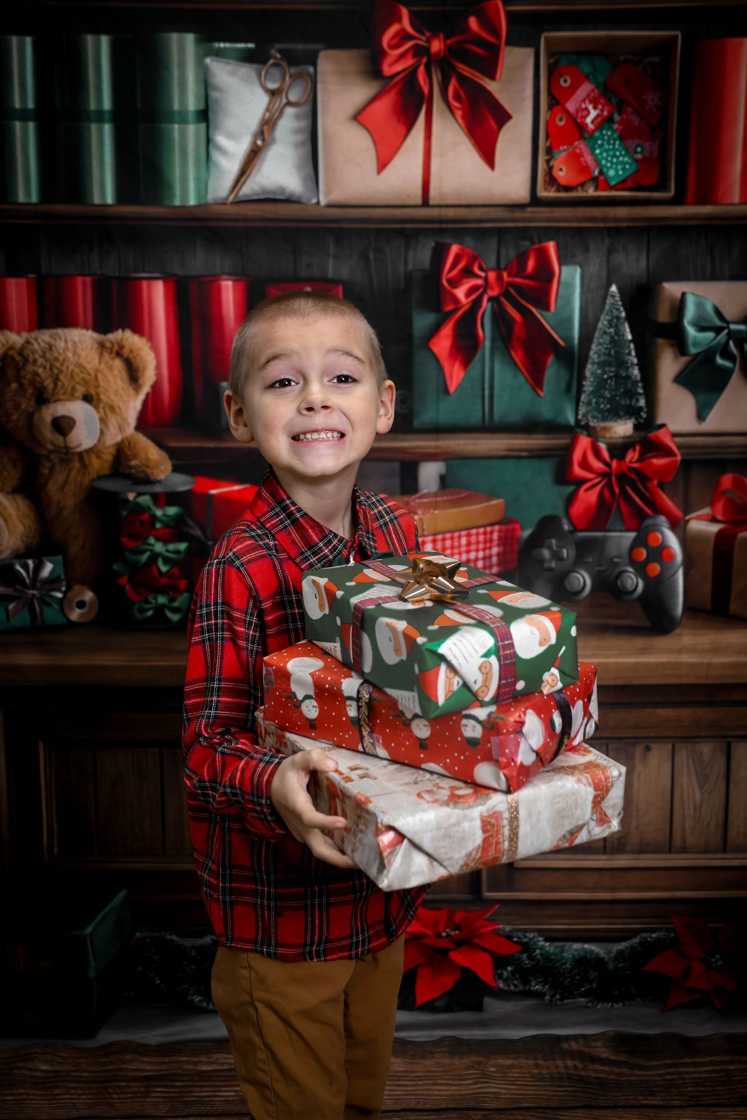 A festive Christmas scene with wrapped presents, red bows, and plaid decor in a rustic wooden setting.