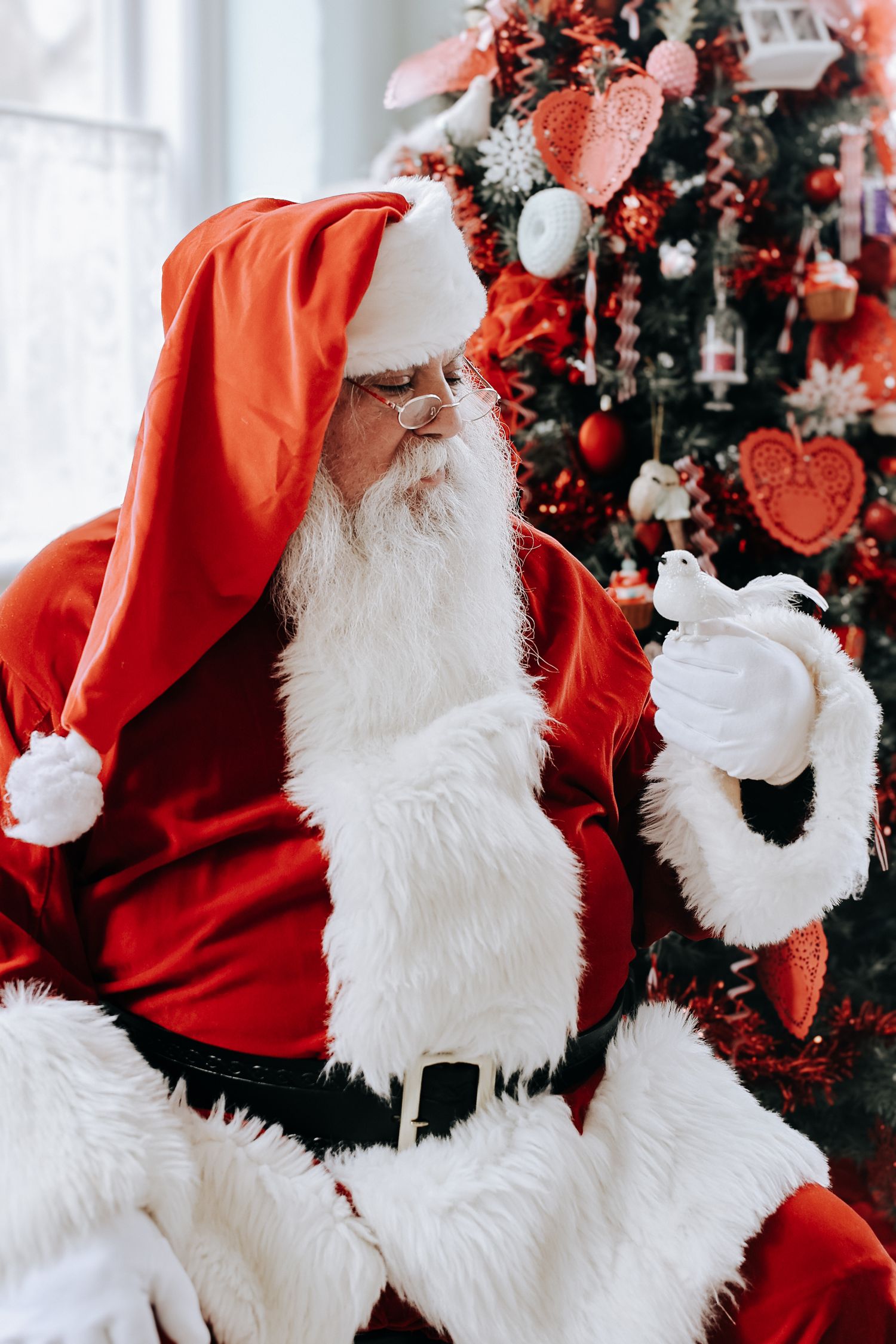 A festive holiday scene featuring Santa Claus in traditional red suit with white beard against a decorated Christmas tree.