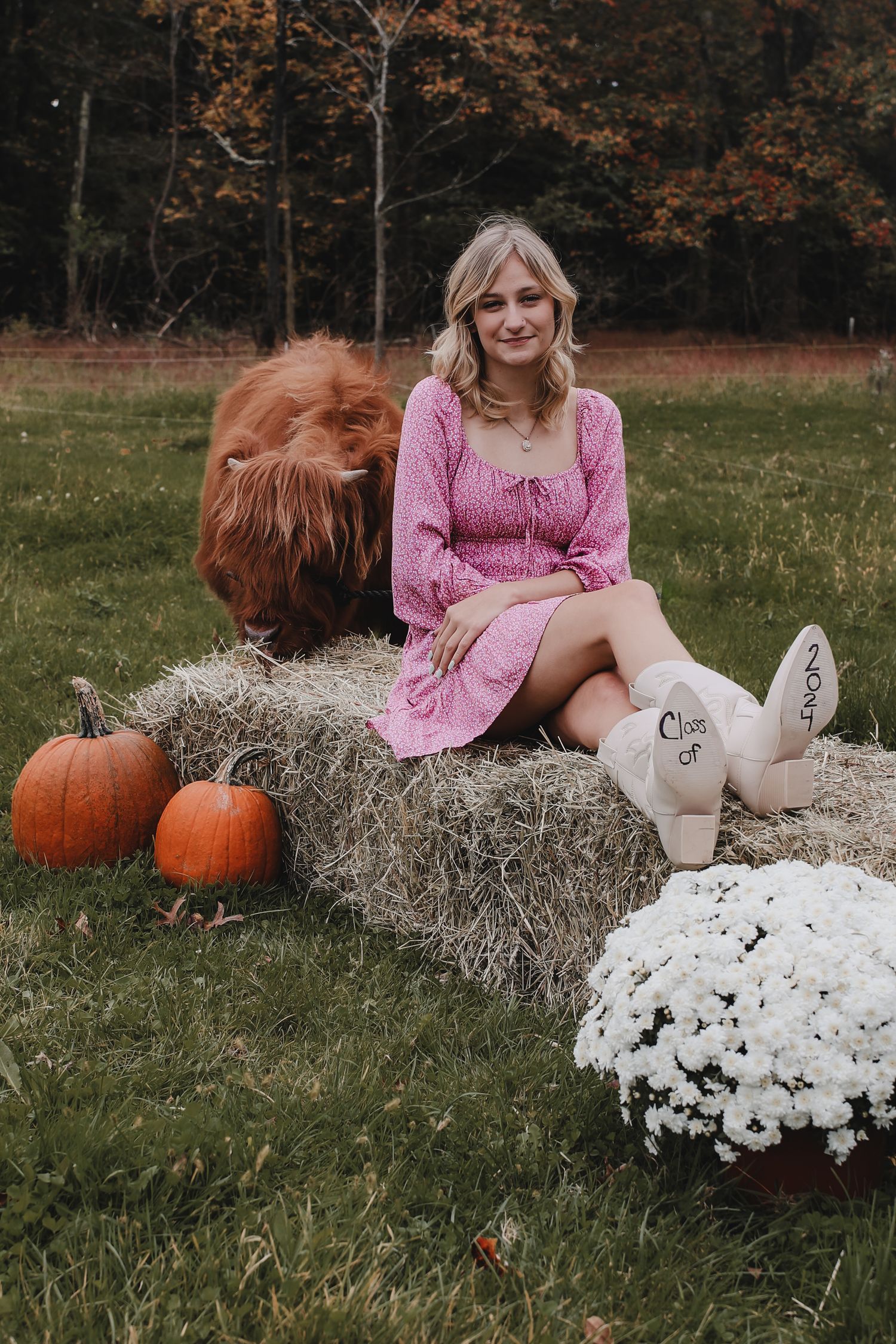 A pink-dressed figure sits on hay bales surrounded by autumn decor including pumpkins and white chrysanthemums.