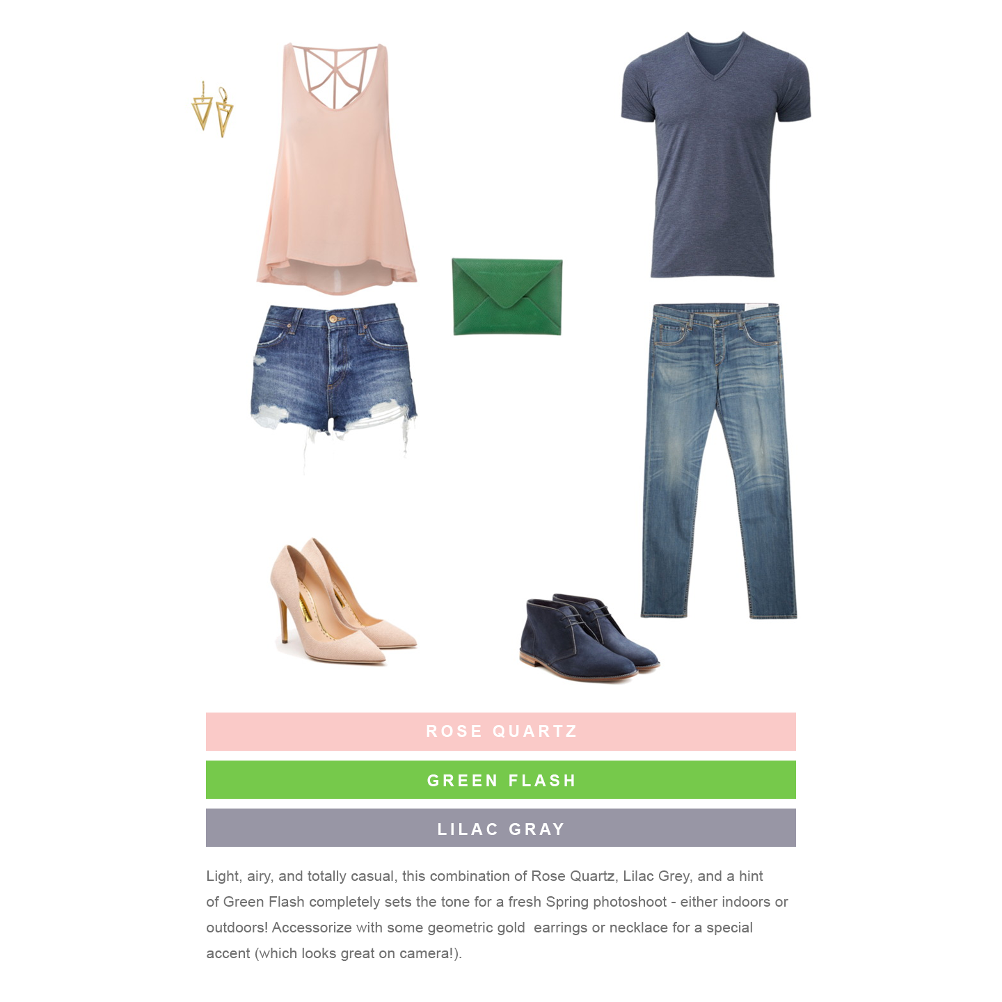 Date night outfit pairings with pink tank, denim shorts, navy tee, jeans, and coordinating shoes.