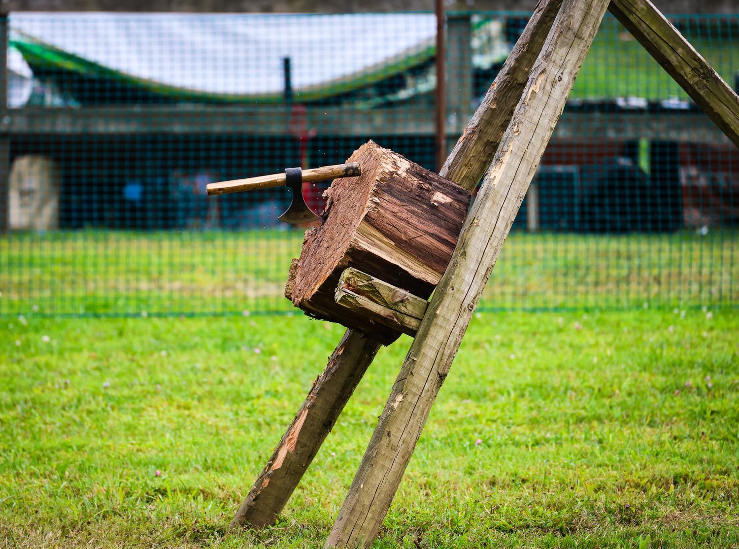 A series of wooden posts arranged in a row on a grassy field showing progressive stages of deterioration and decay.