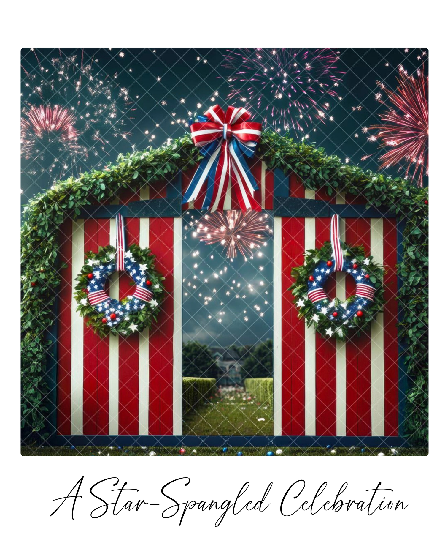 Patriotic booth with red and white stripes, wreaths, and fireworks for a star-spangled Fourth of July celebration.